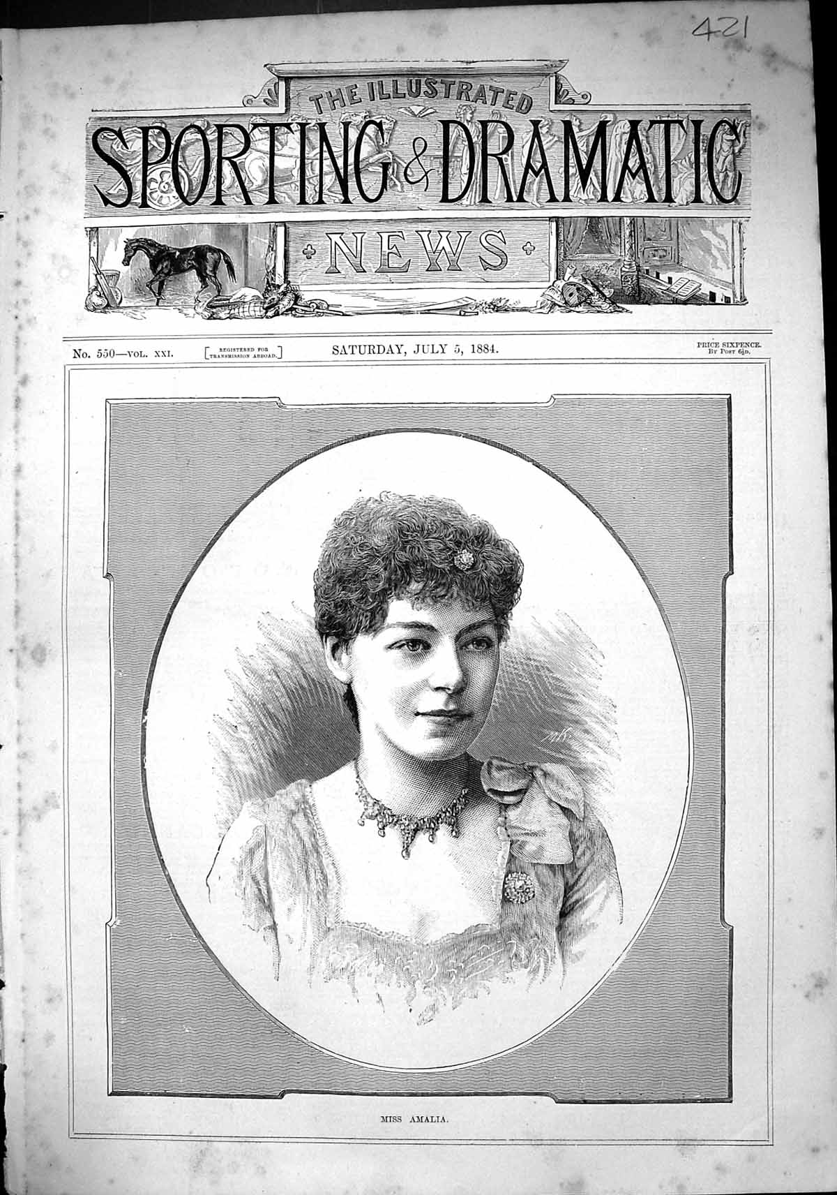 Old Antique Print Sporting Dramatic News 1884 Miss Amalia Beautiful Lady 19th