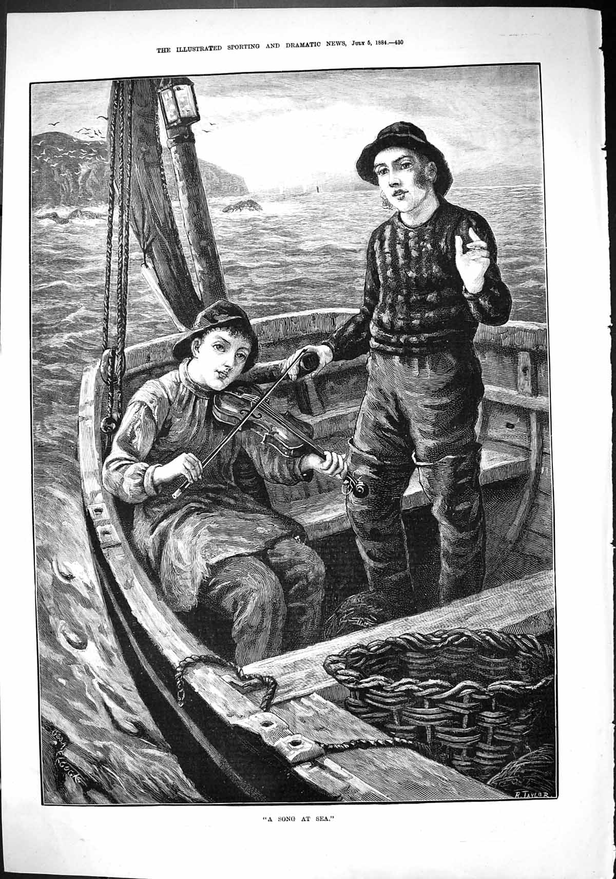 Old Sporting Dramatic News 1884 Song Sea Young Boy Boat Music Violin Victorian