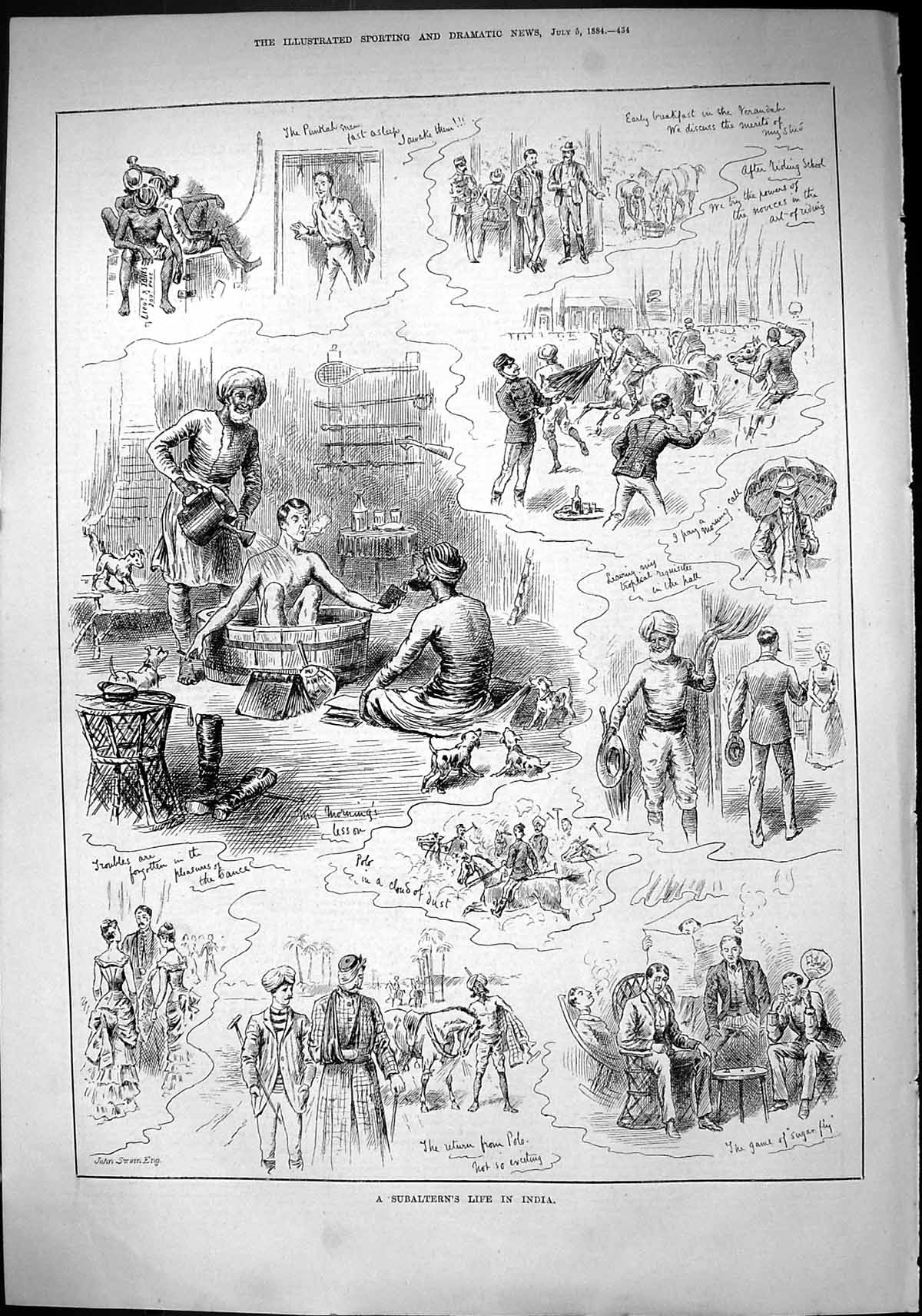 Old Sporting Dramatic News 1884 Subaltern Life India Washing Horse Na Victorian