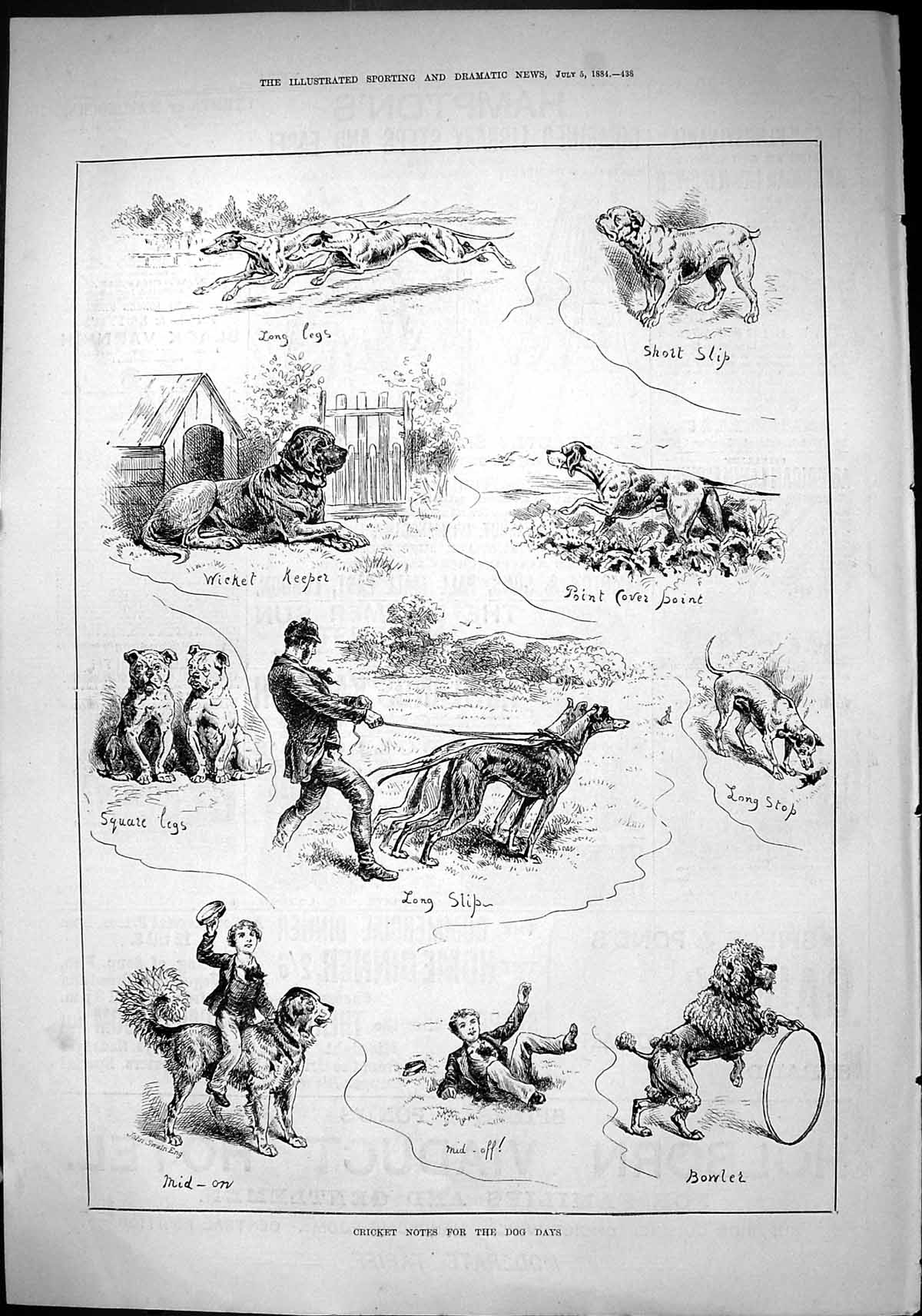 Old Sporting Dramatic News 1884 Cricket Notes Dogs Bowler Hounds Hunt Victorian