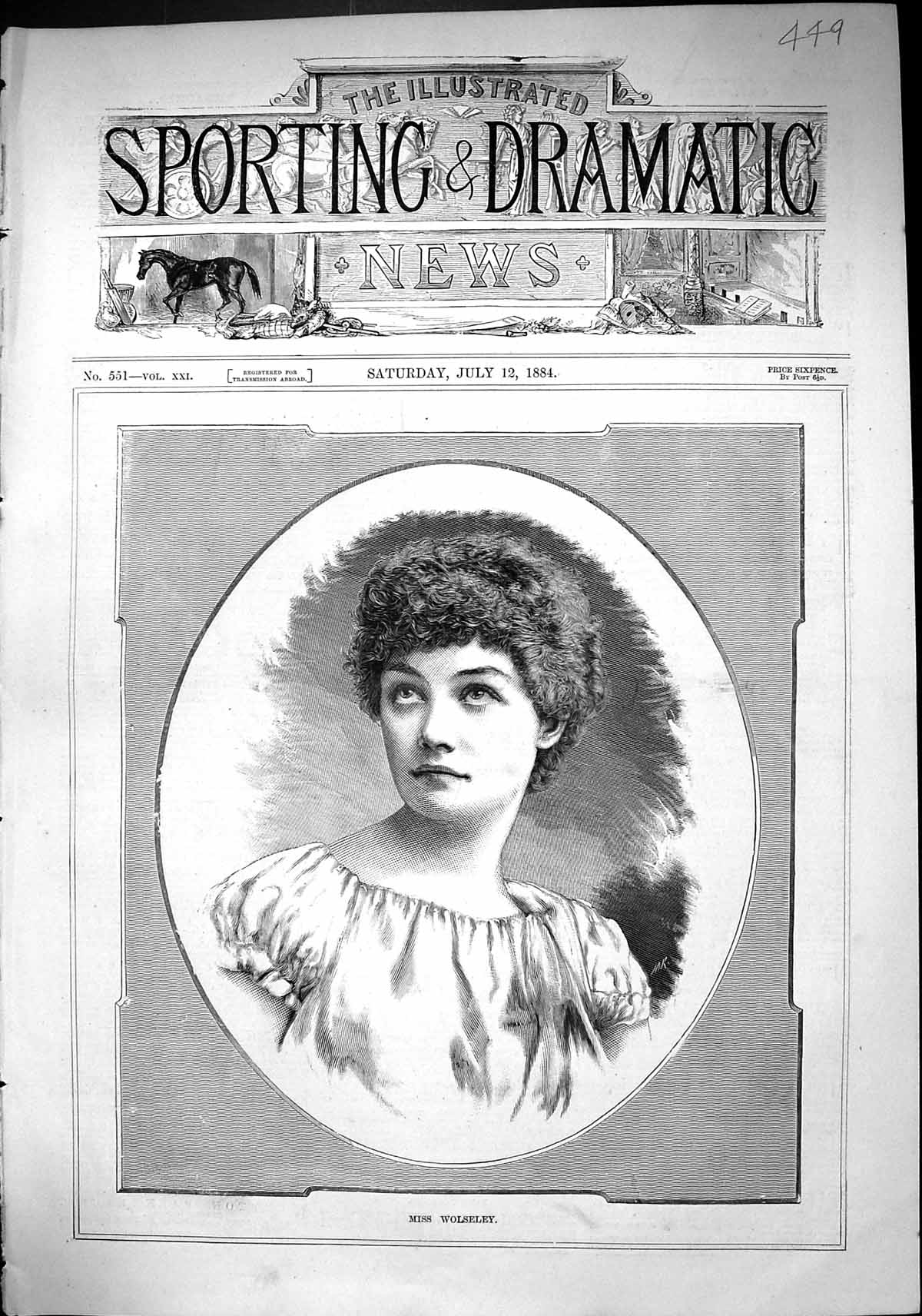 Antique Print Sporting Dramatic News 1884 Portrait Miss Wolseley Lady Woman