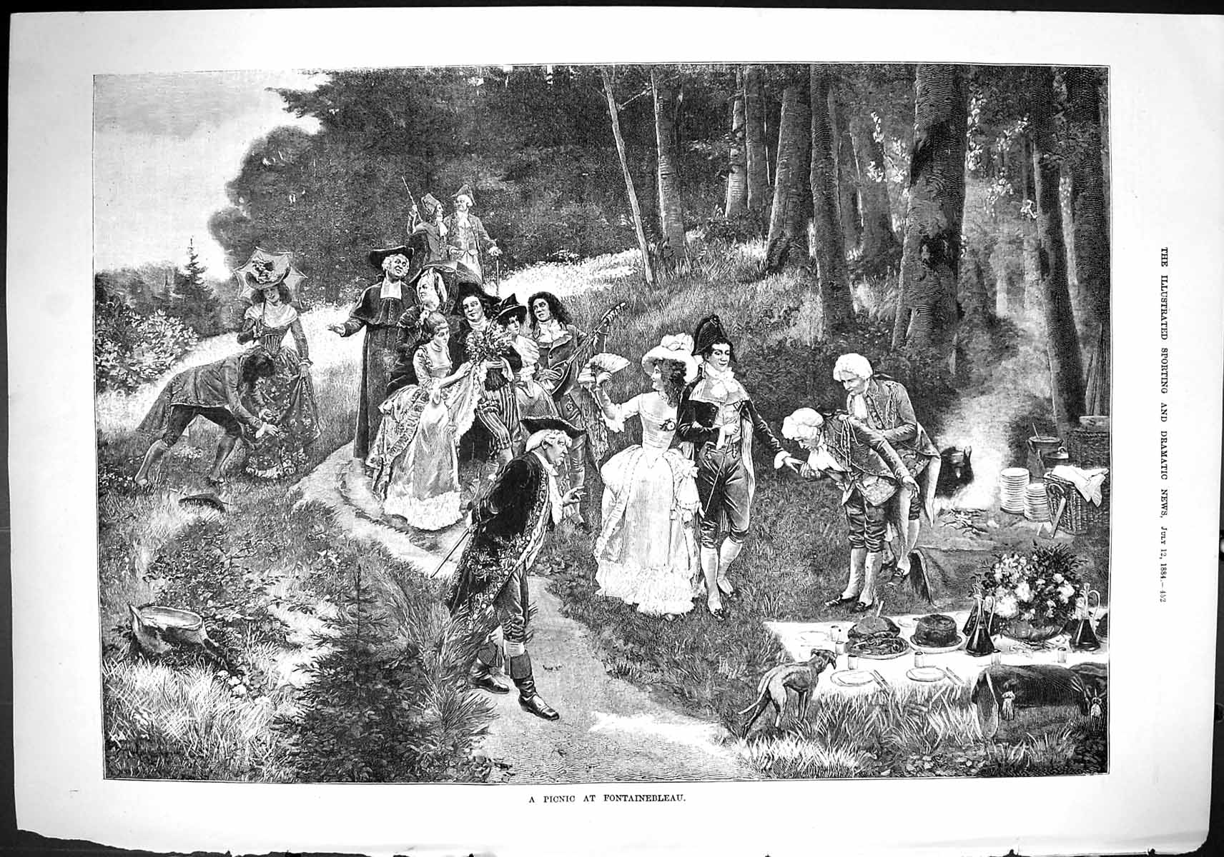 Old Sporting Dramatic News 1884 Picnic Fontainebleau Ladies Men Roman Victorian