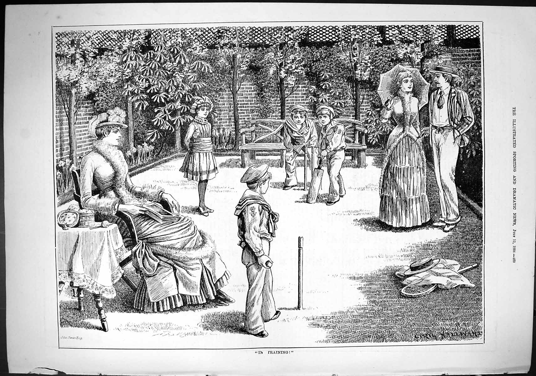 Old Sporting Dramatic News 1884 Young Boys Training Cricket Sport Gar Victorian