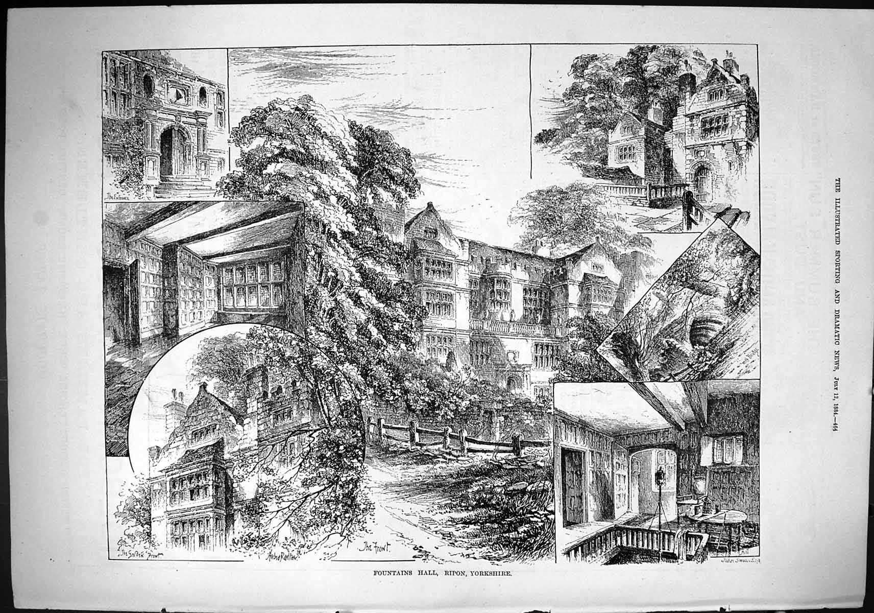 Old Sporting Dramatic News 1884 Fountains Hall Ripon Yorkshire Archit Victorian