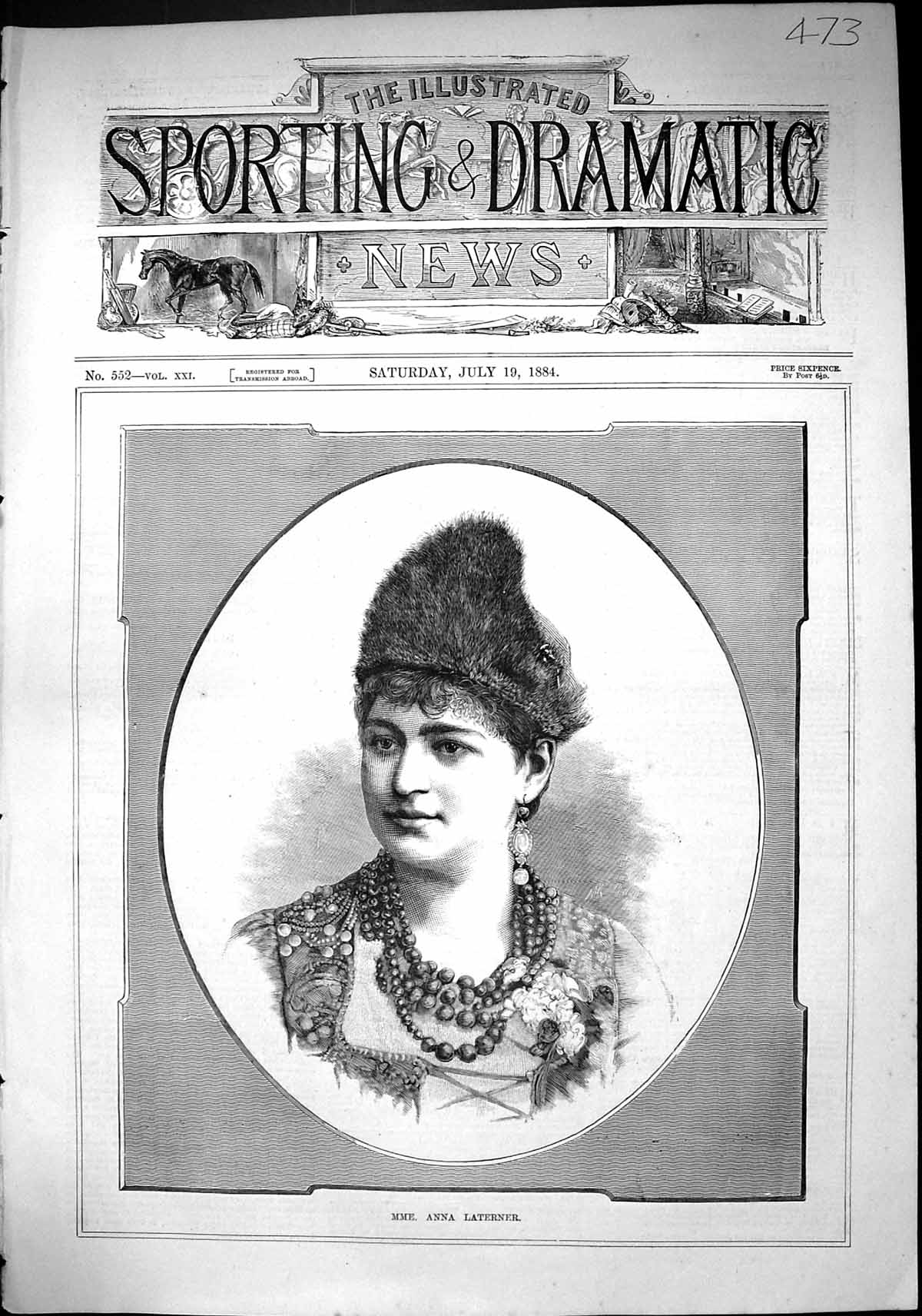 Antique Old Print Sporting Dramatic News 1884 Mme. Anna Laterner Lady Woman