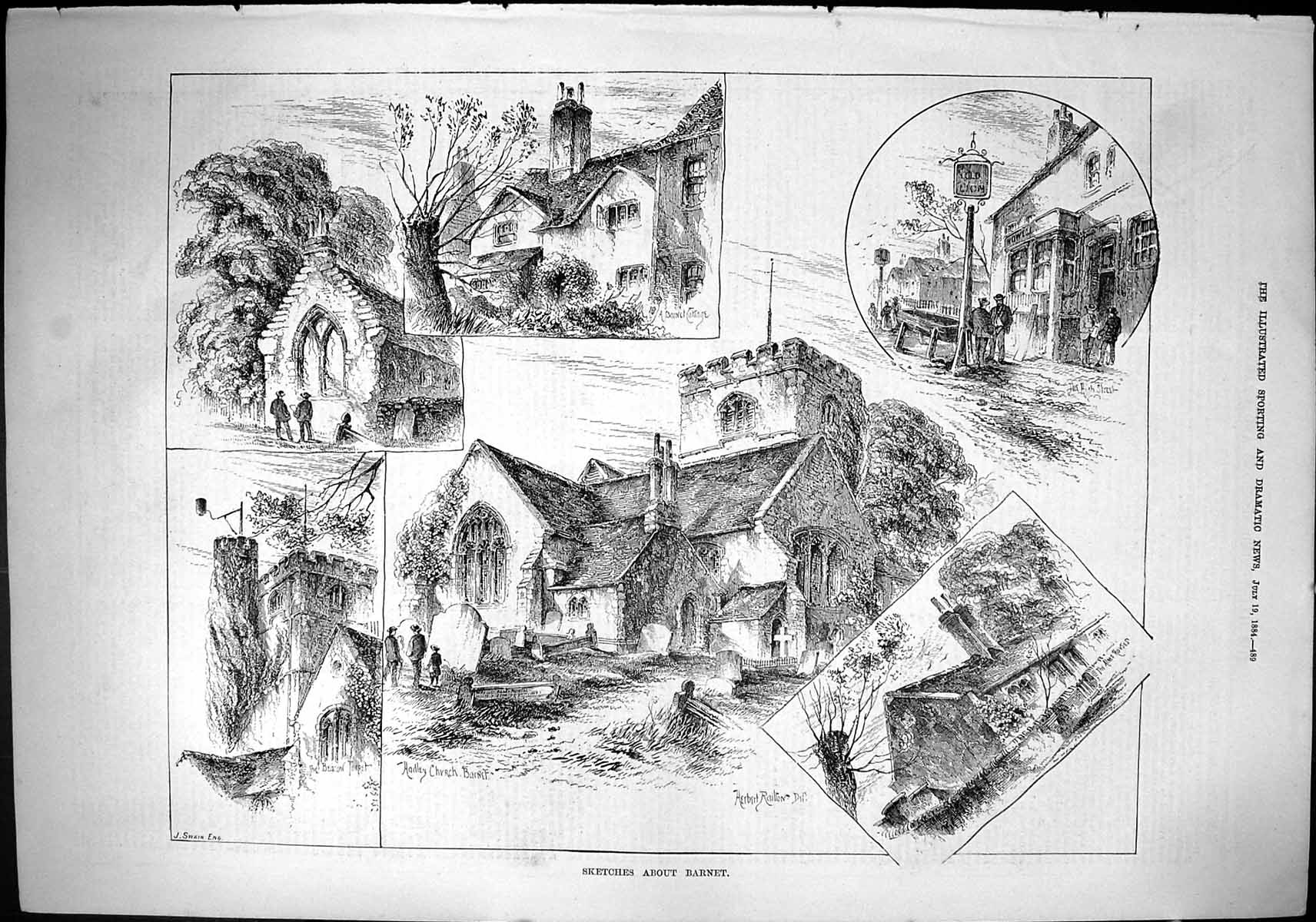 Old Sporting Dramatic News 1884 Barnet Hadley Church Alms Houses Cott Victorian