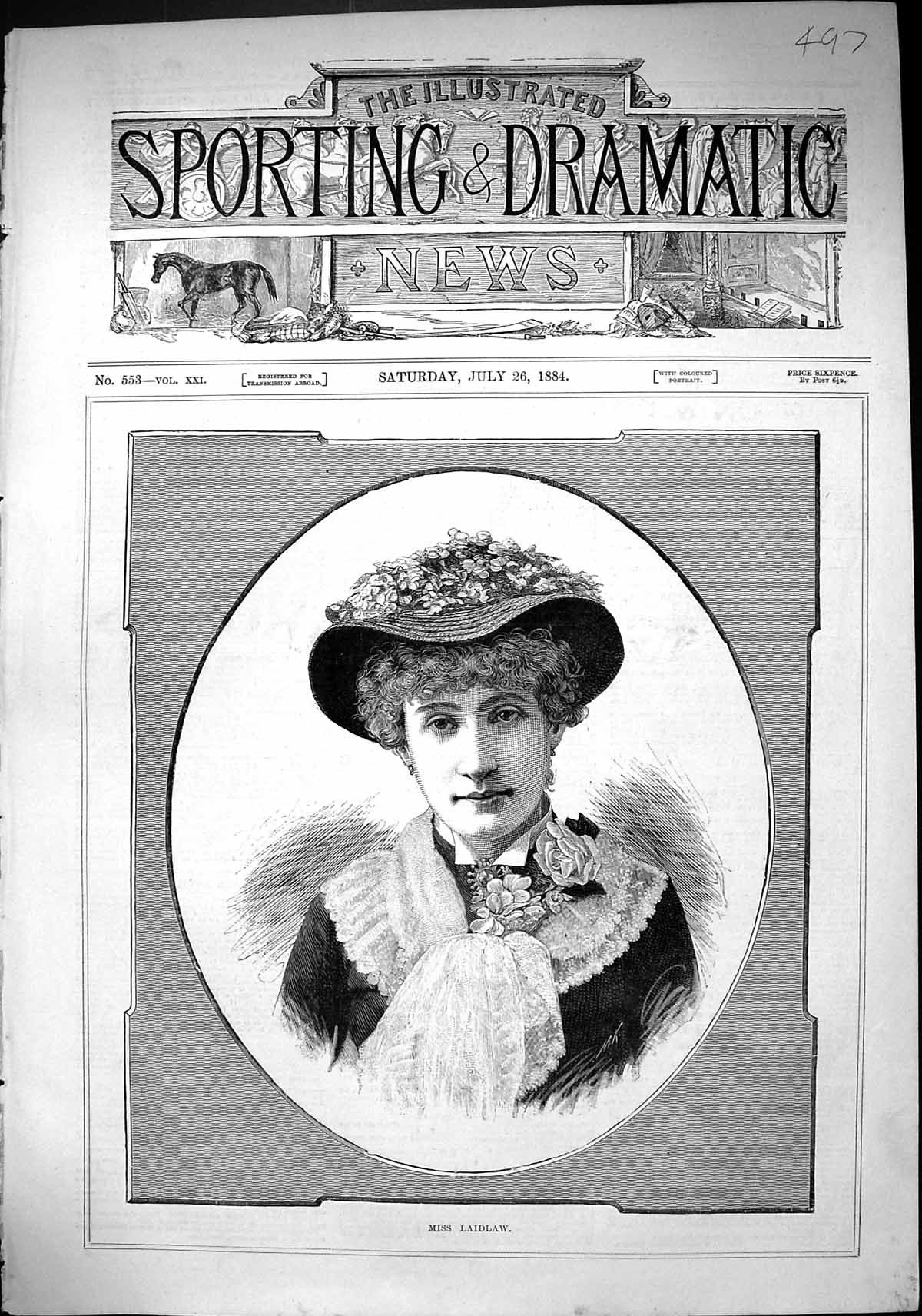 Old Antique Print Sporting Dramatic News 1884 Miss Laidlaw Beautiful Lady 19th