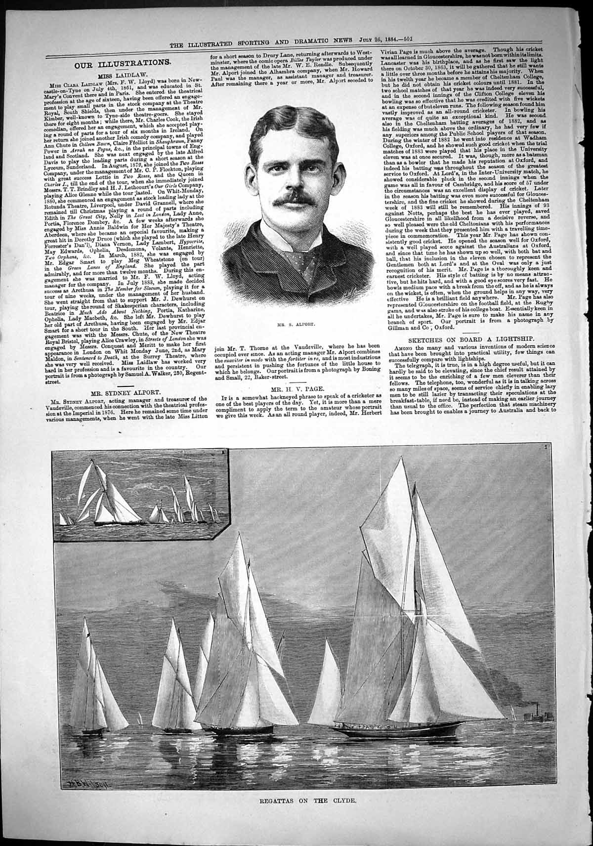 Old Sporting Dramatic News 1884 Alport Yachts Regatta Clyde Wimbledon Victorian