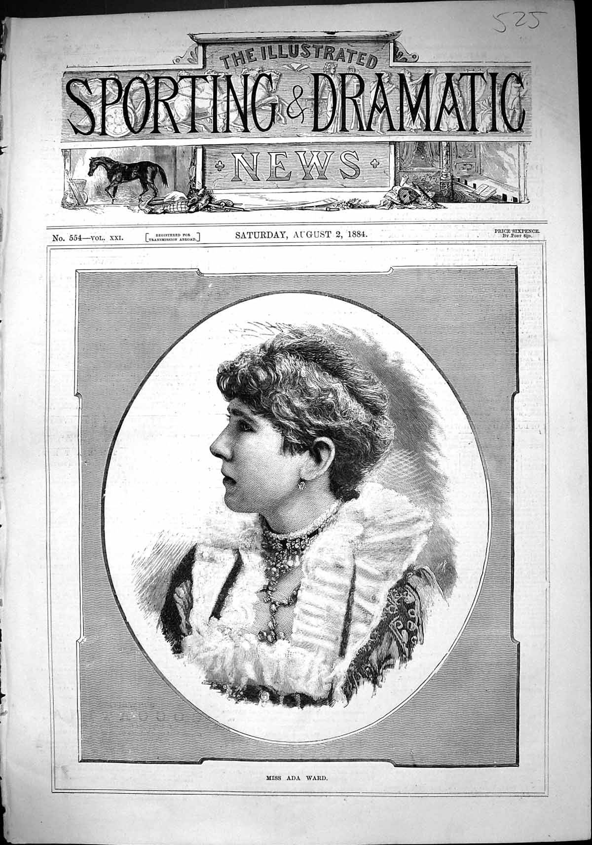 Antique Print Sporting Dramatic News 1884 Portrait Miss Ada Ward Lady Woman