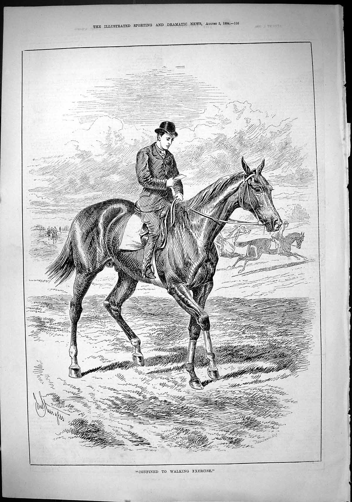 Old Print Sporting Dramatic News 1884 Race Horse Walking Exercise Trainer 19th