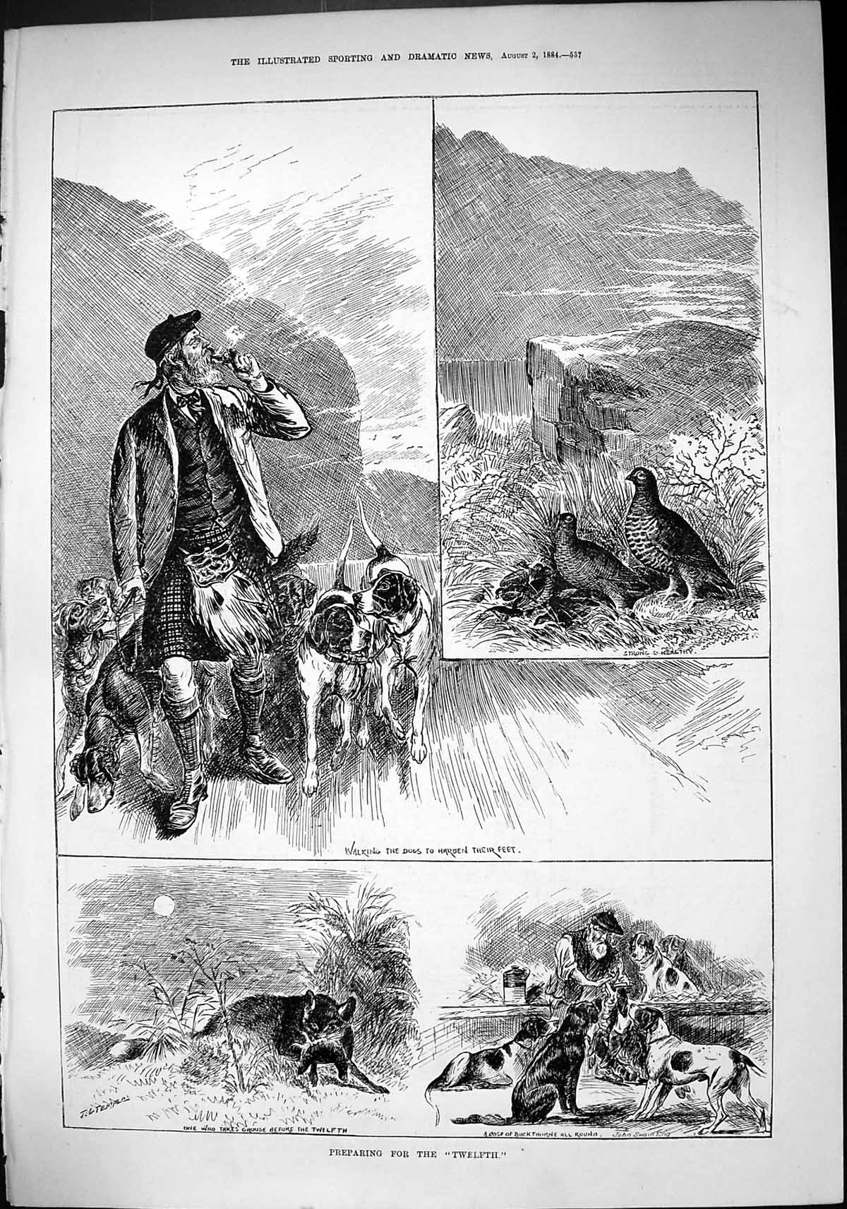 Old Sporting Dramatic News 1884 Grouse Hunting Twelfth Hounds Dogs Bu Victorian