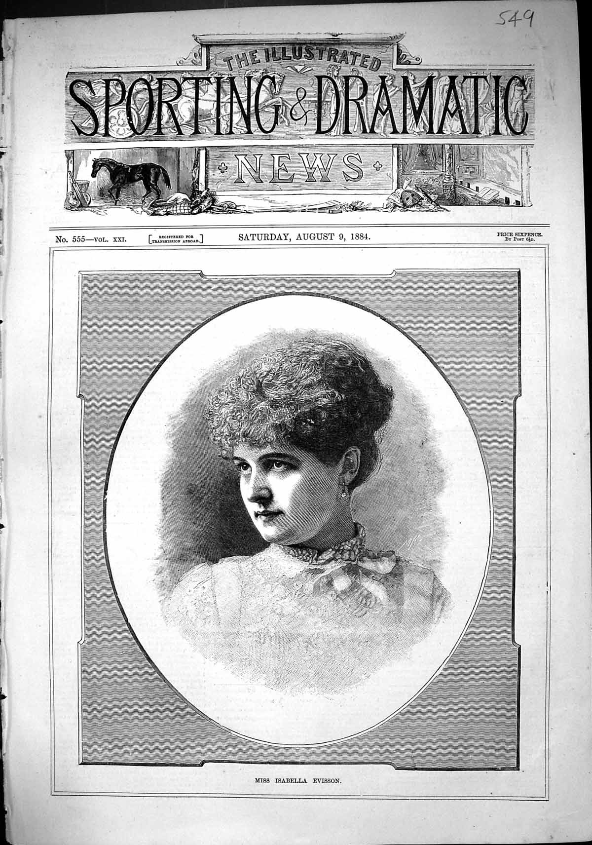 Old Antique Print Sporting Dramatic News 1884 Miss Isabella Evisson Lady 19th