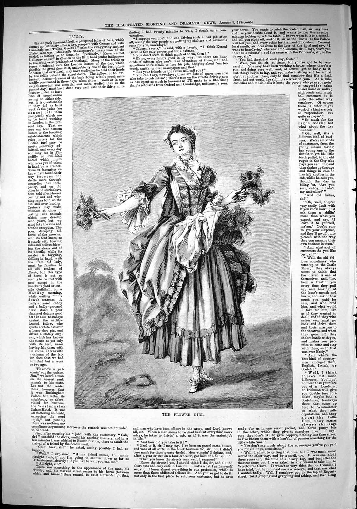 Old Antique Print Sporting Dramatic News 1884 Flower Girl Beautiful Lady 19th