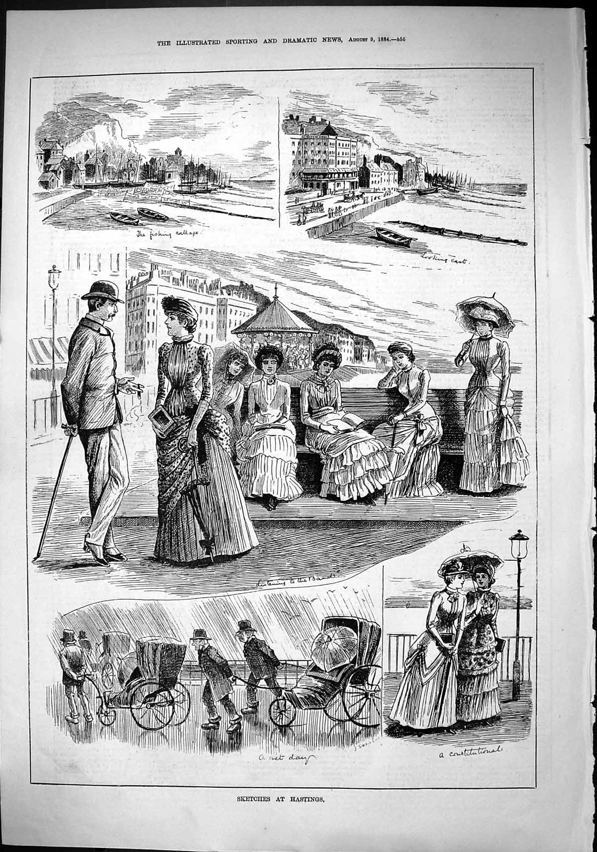 Old Sporting Dramatic News 1884 Hastings Beach Seaside Scene Sands To Victorian
