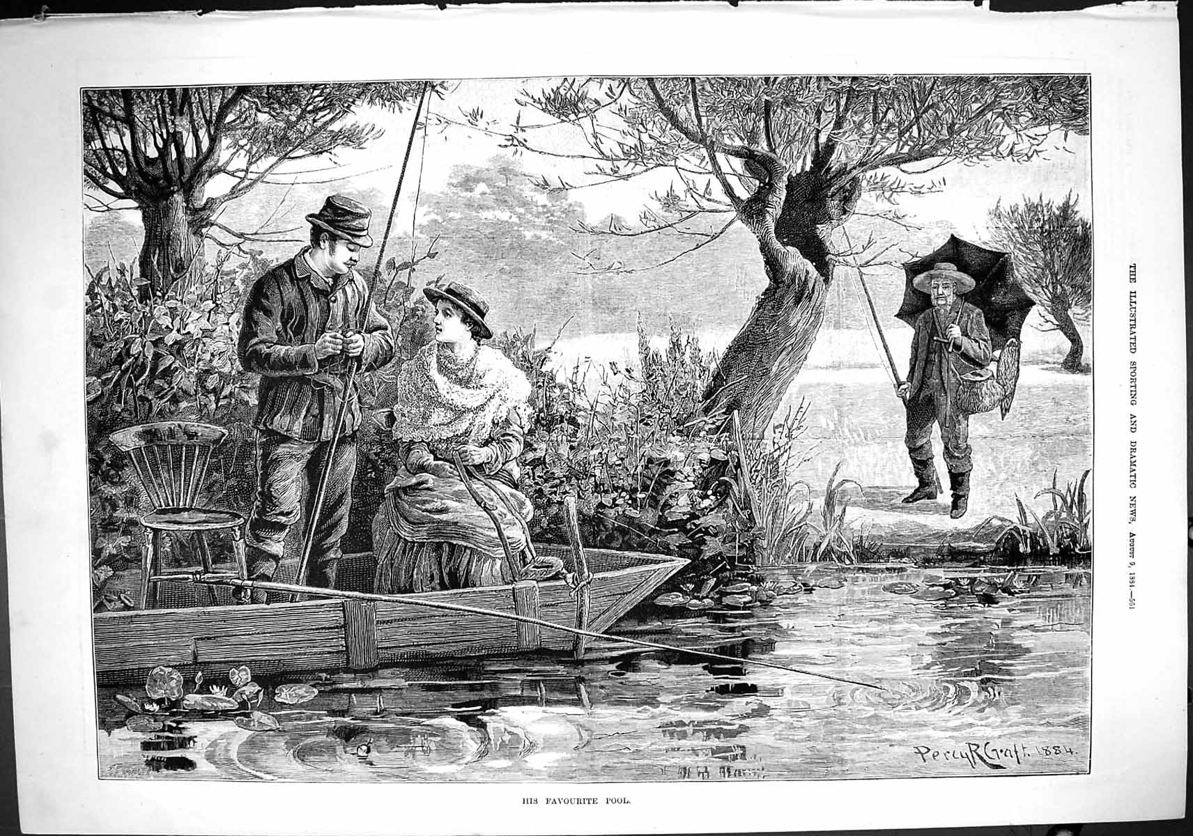 Old Sporting Dramatic News 1884 Favourite Pool Man Lady Fishing Boat Victorian