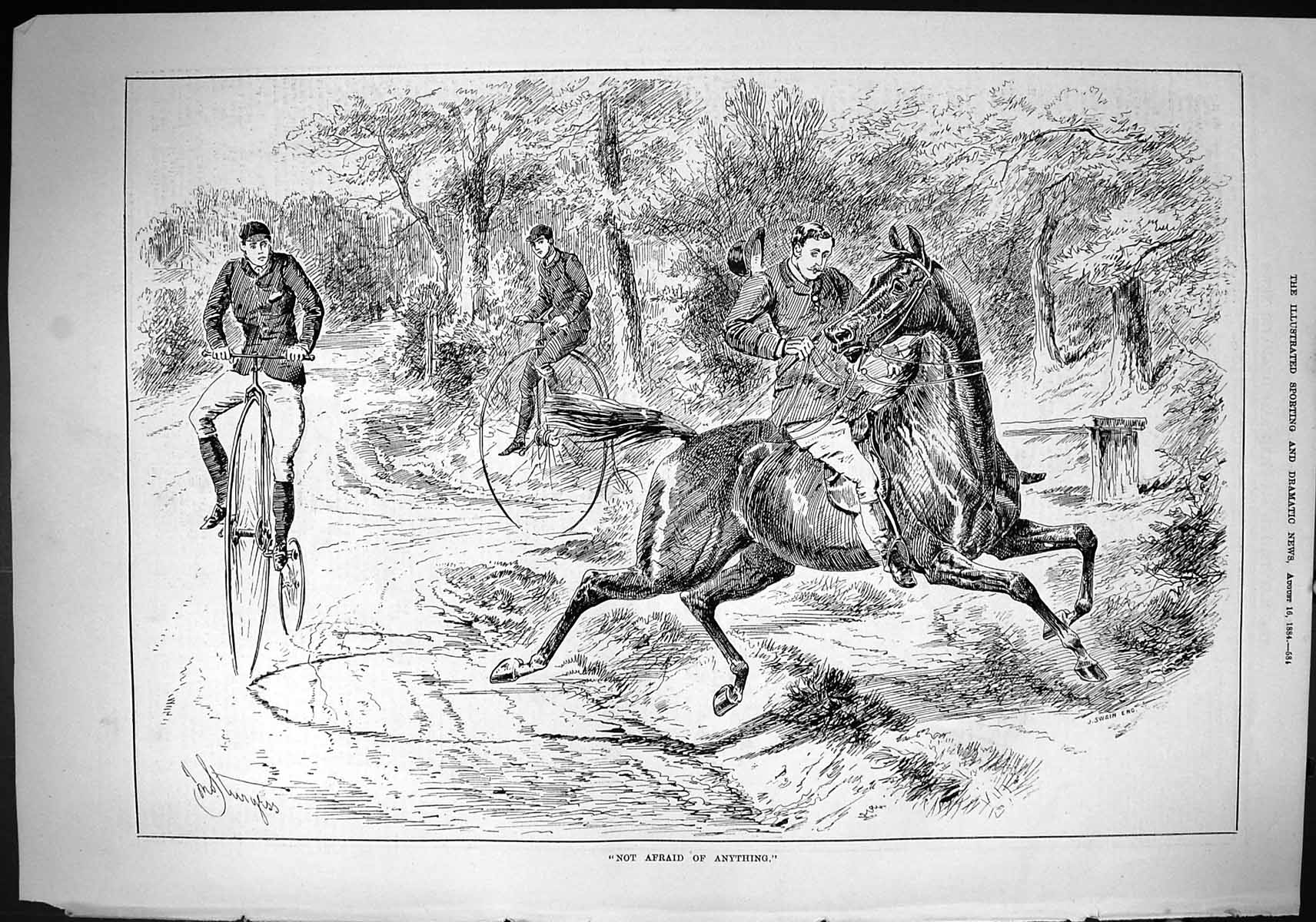 Old Sporting Dramatic News 1884 Afraid Horse Men Bicycles Sport Sketc Victorian
