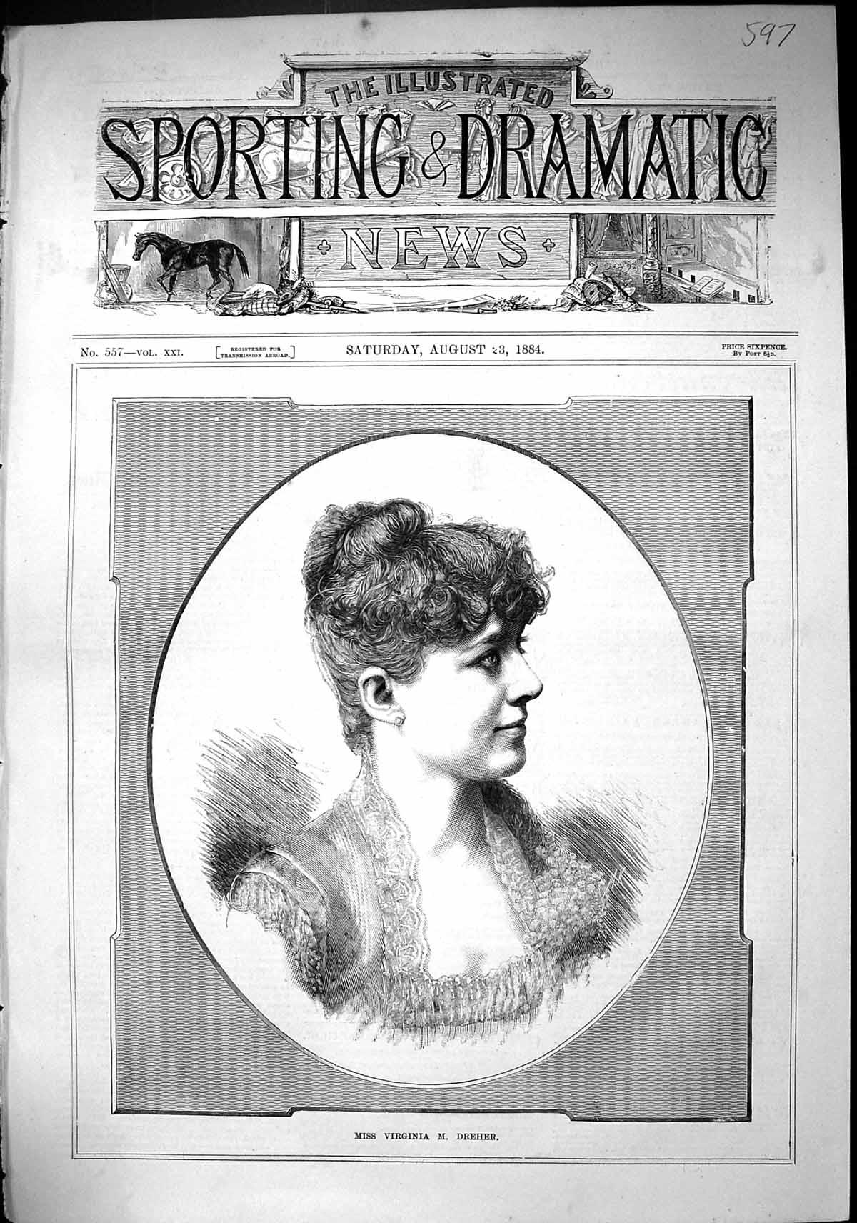 Old Print Sporting Dramatic News 1884 Portrait Miss Virginia Dreher Lady 19th