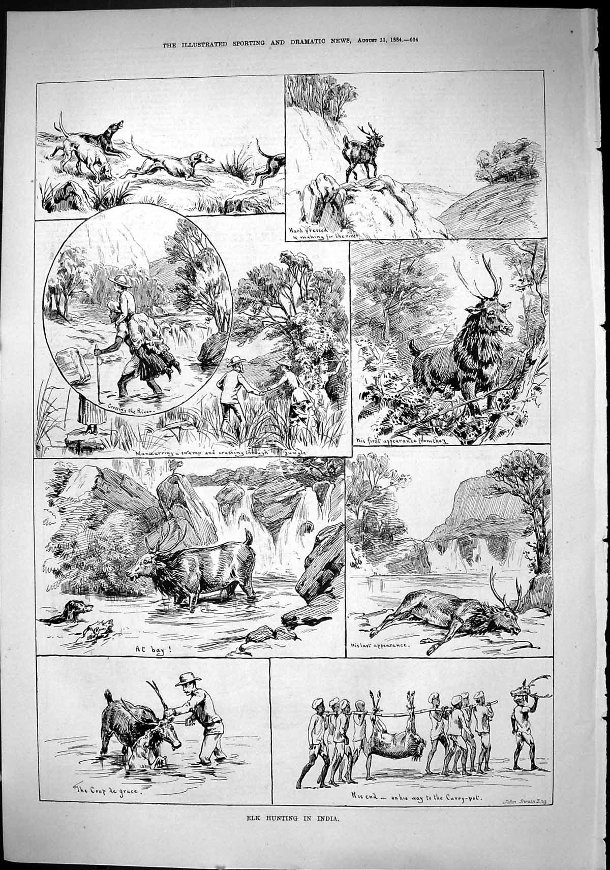 Old Sporting Dramatic News 1884 Elk Hunting India Sport Webbs Shrewsb Victorian
