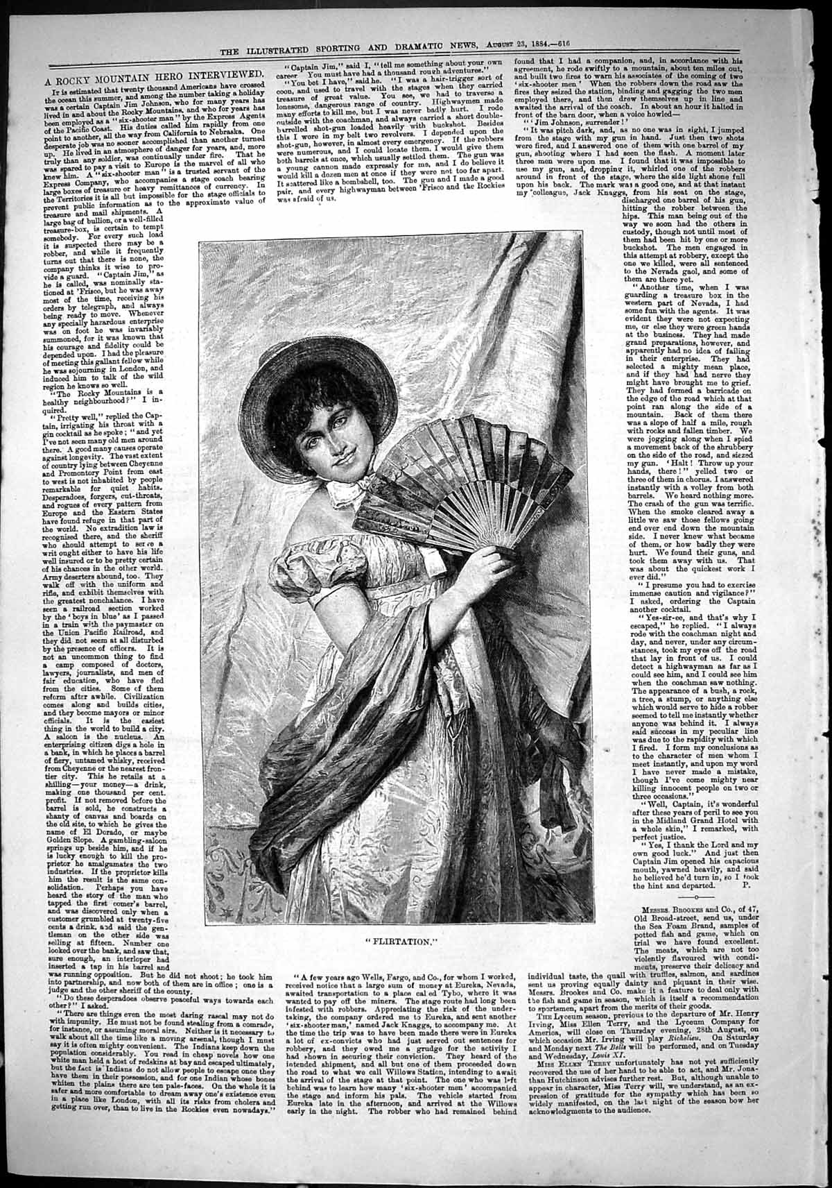 Old Antique Print Sporting Dramatic News 1884 Beautiful Woman Flirtation 19th