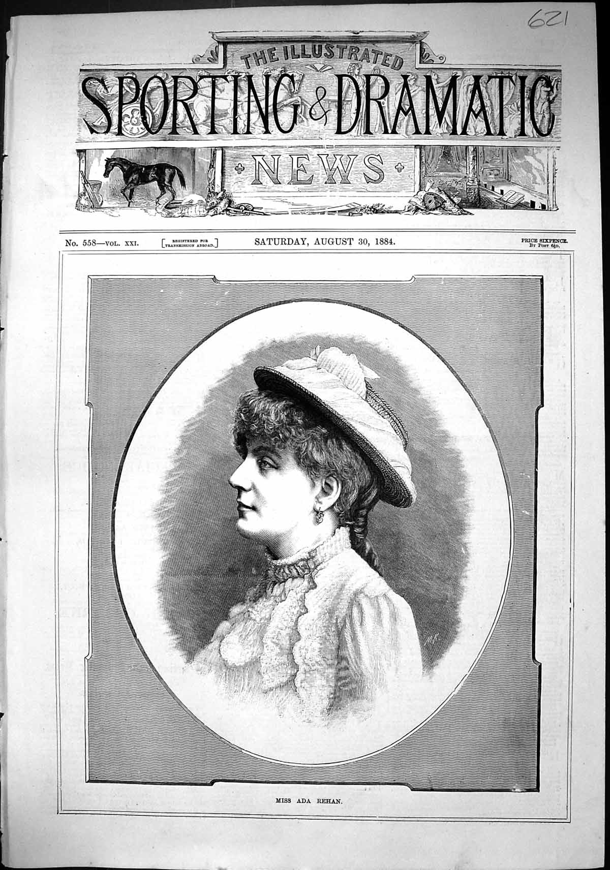 Old Print Sporting Dramatic News 1884 Portrait Miss Ada Rehan Lady Woman 19th
