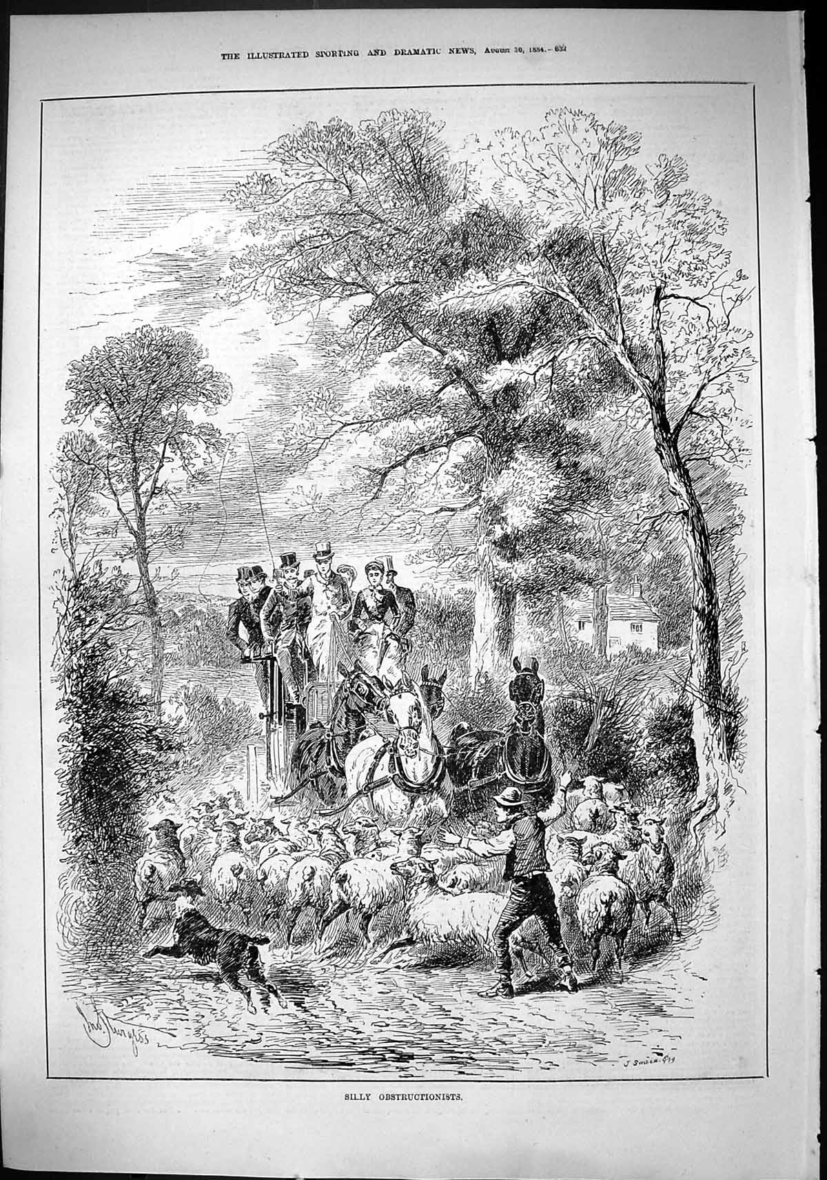 Old Sporting Dramatic News 1884 Obstructionists Sheep Country Lane Ho Victorian