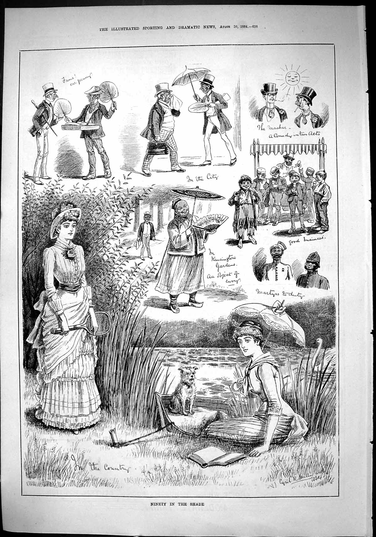 Old Sporting Dramatic News 1884 Hot Summer Day Ladies Tennis River Bo Victorian