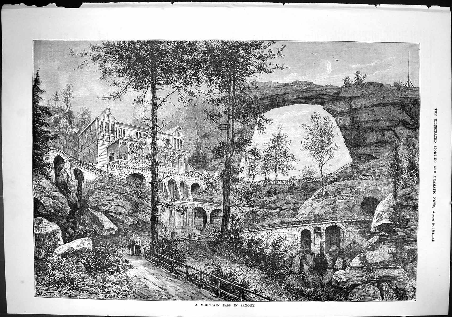 Old Sporting Dramatic News 1884 Mountain Pass Saxony Trees Building A Victorian