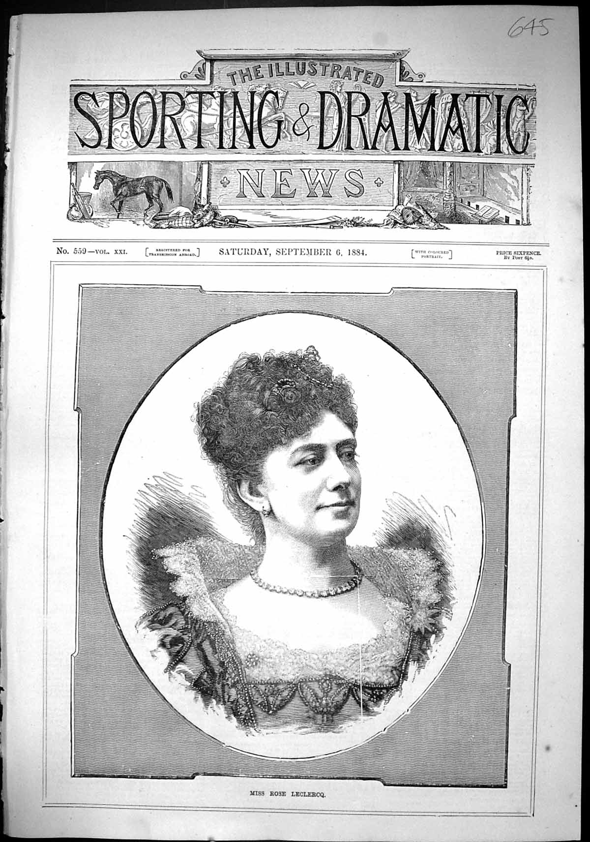 Antique Print Sporting Dramatic News 1884 Portrait Miss Rose Leclercq Lady 19th