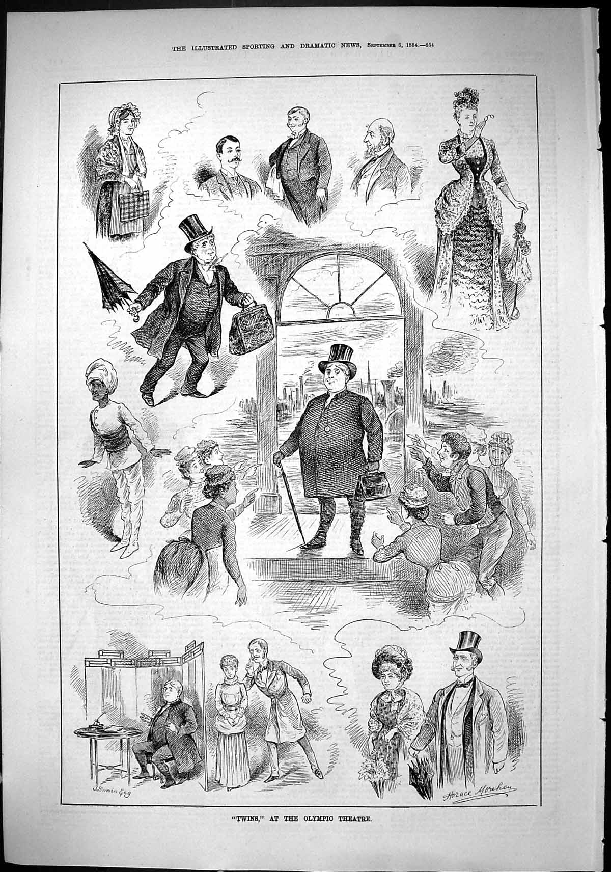 Old Print Sporting Dramatic News 1884 Twins Olympic Theatre Actors Sketch 19th