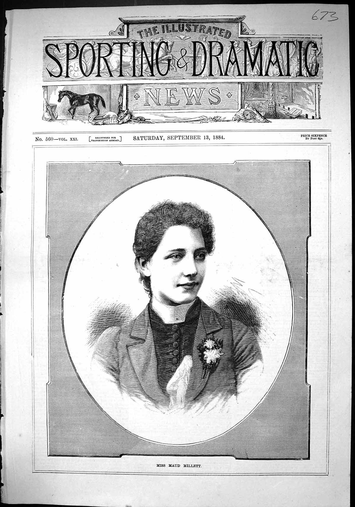 Antique Old Print Sporting Dramatic News 1884 Miss Maud Millett Lady Woman 19th