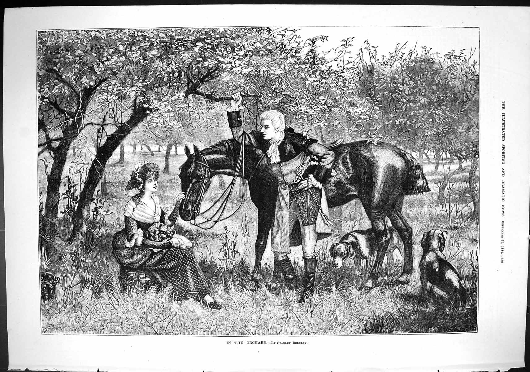 Old Sporting Dramatic News 1884 Scene Orchard Lady Man Horse Dogs Rom Victorian