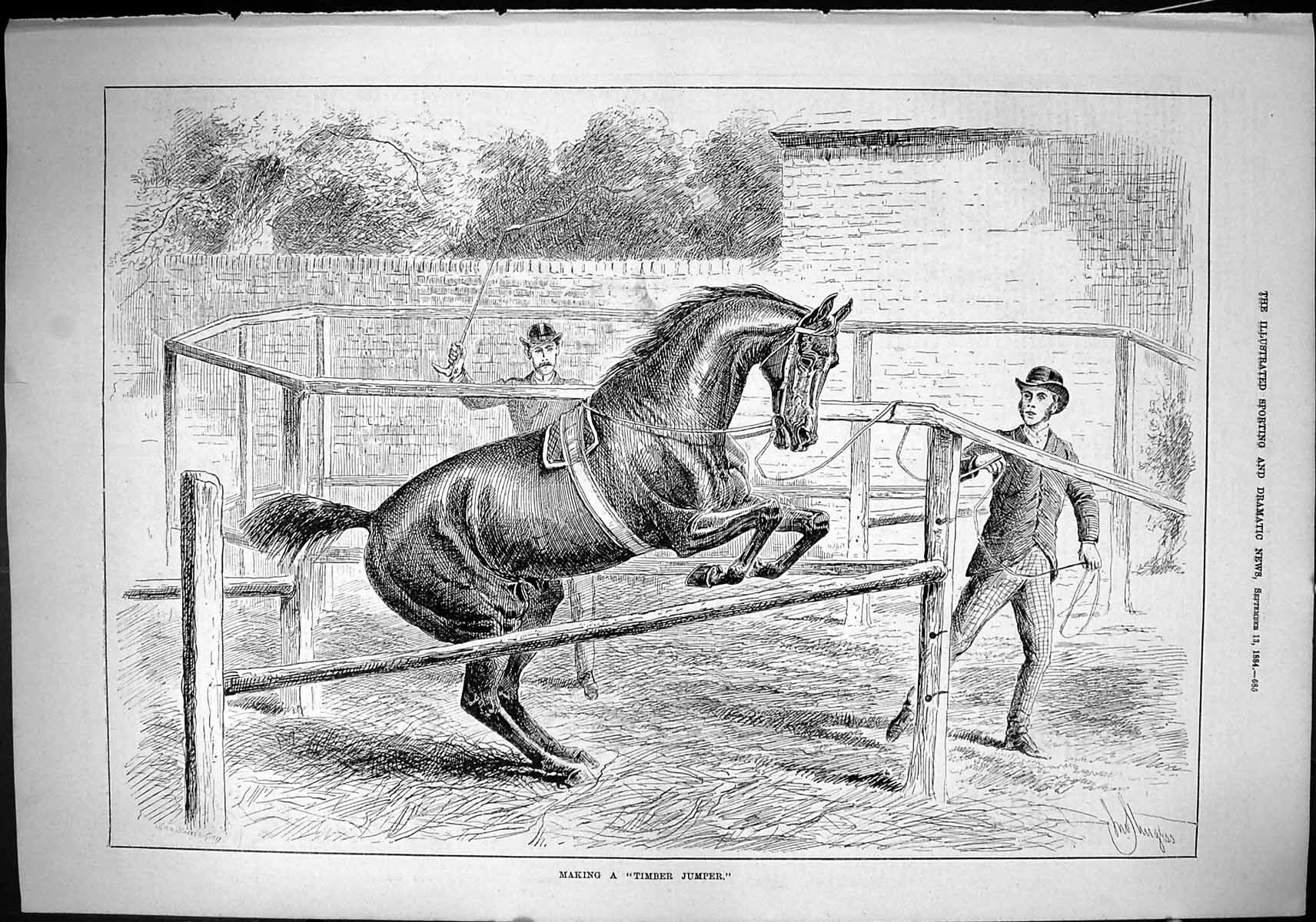 Old Sporting Dramatic News 1884 Horse Trainer Making Timber Jumper Ol Victorian
