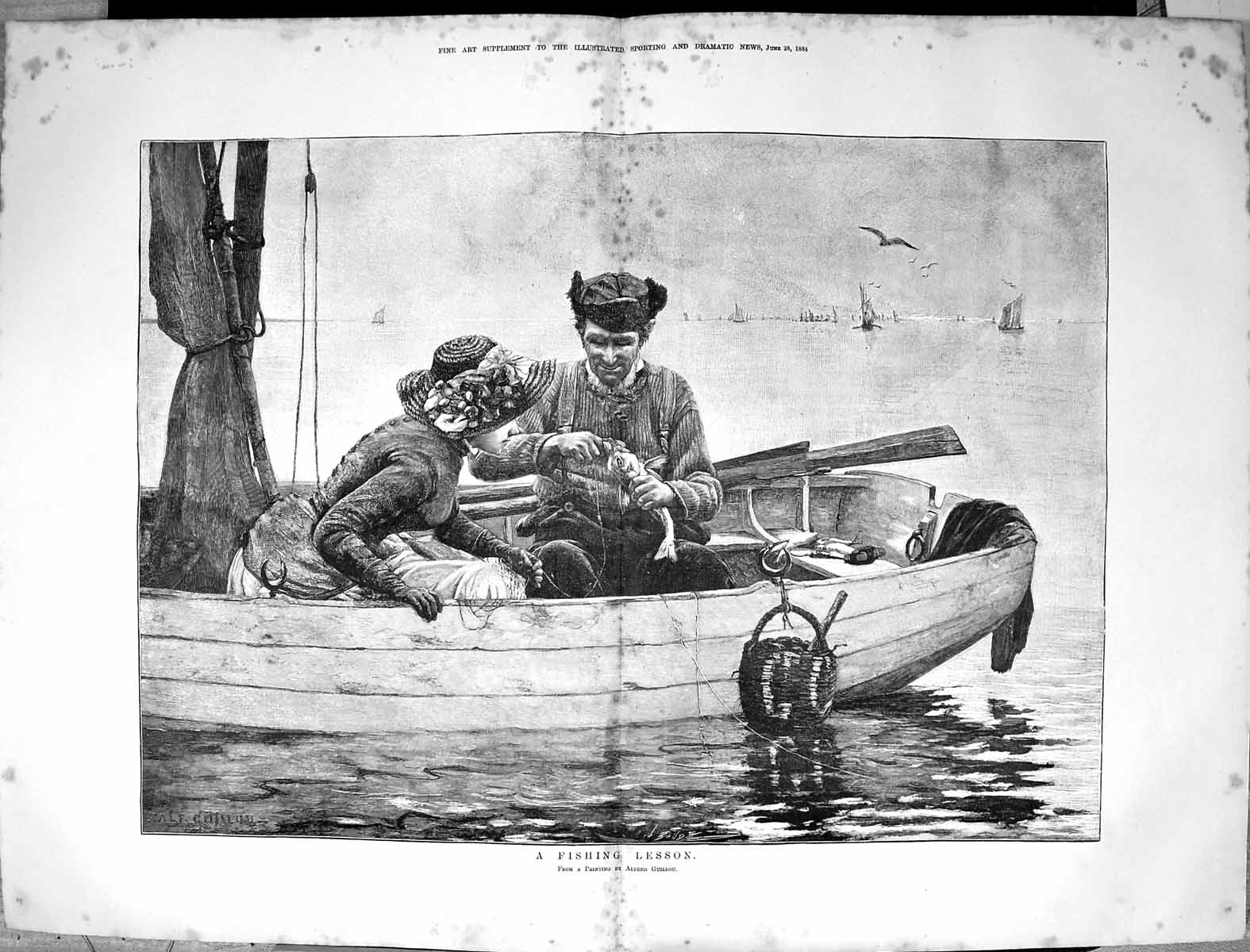 Old Sporting Dramatic News 1884 Fishing Lesson Sea Boat Yachts BirdsVictorian