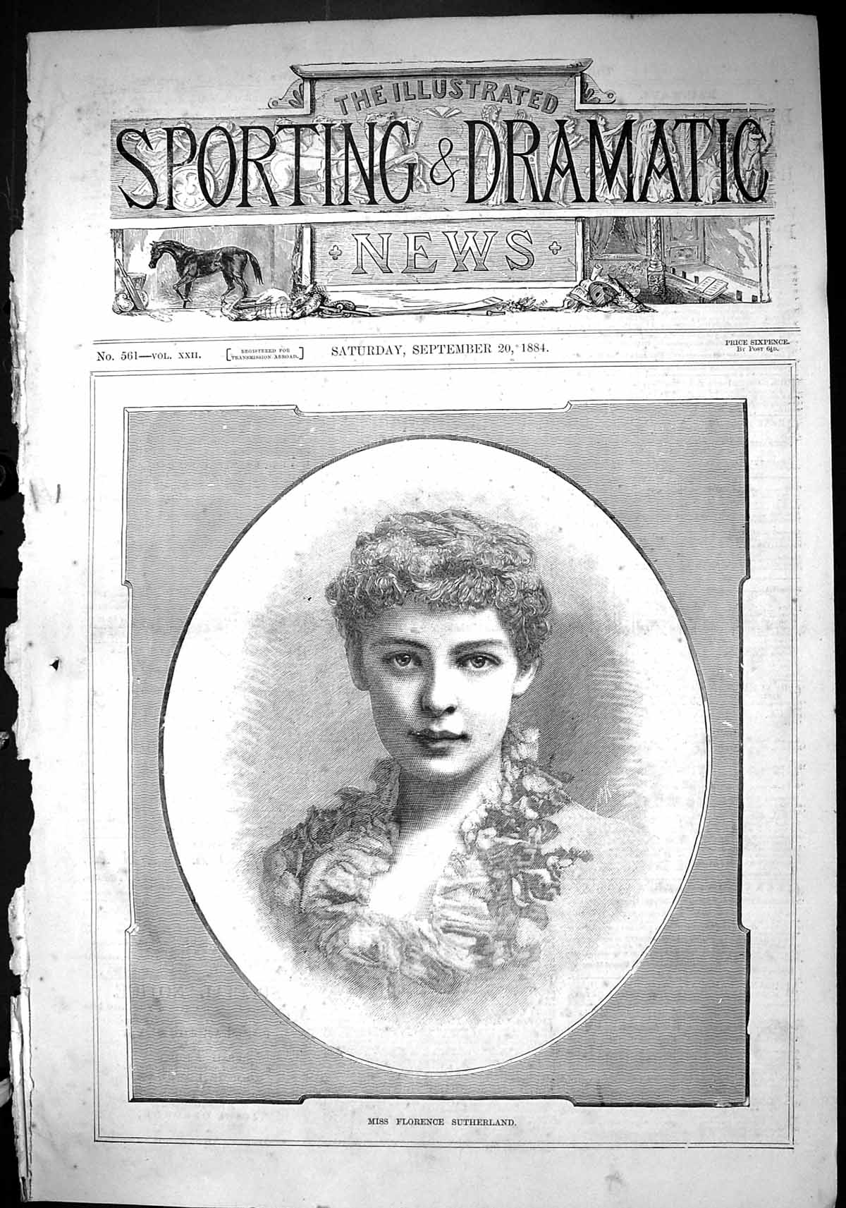 Old Antique Print 1884 Portrait Miss Florence Sutherland Beautiful Woman 19th