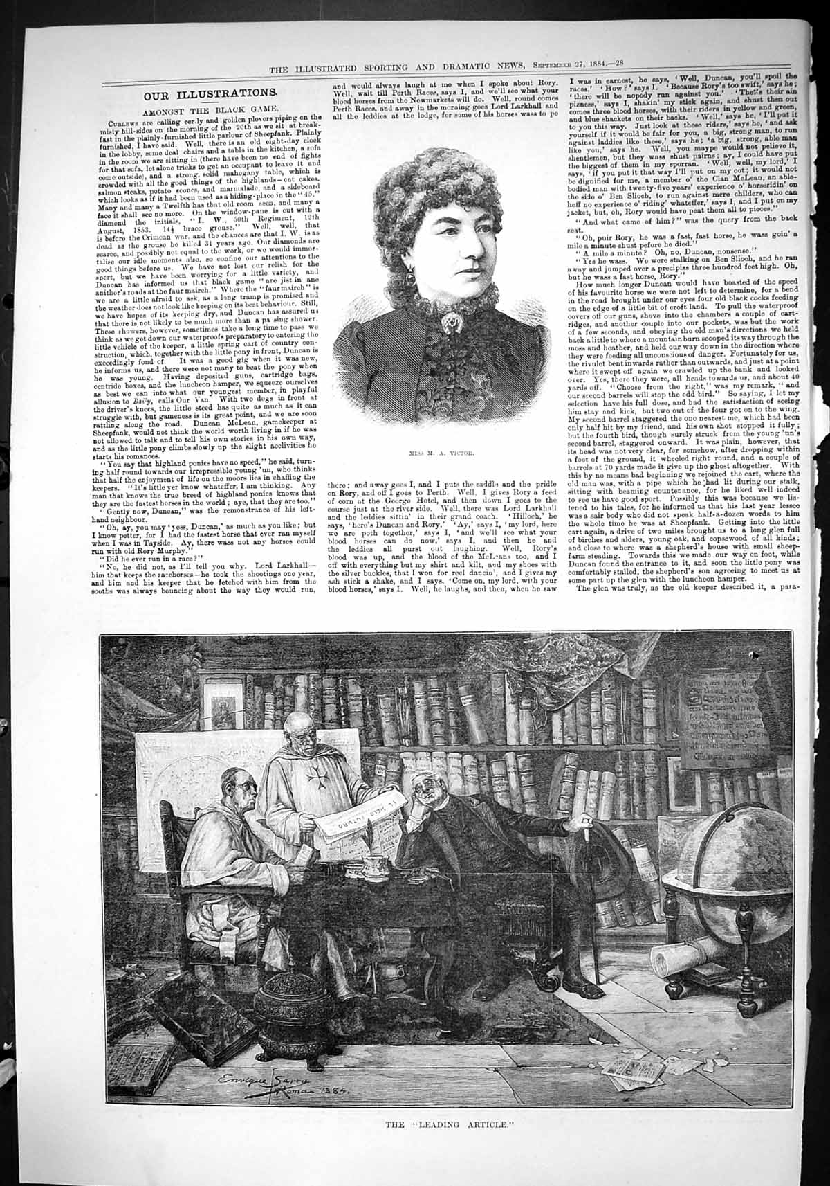 Antique Old Print 1884 Portrait Miss Victor Monks Men Reading Leading Article