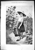 Original Old Antique Print 1884 Gardener Young Girl Watering Can Garden Flowers