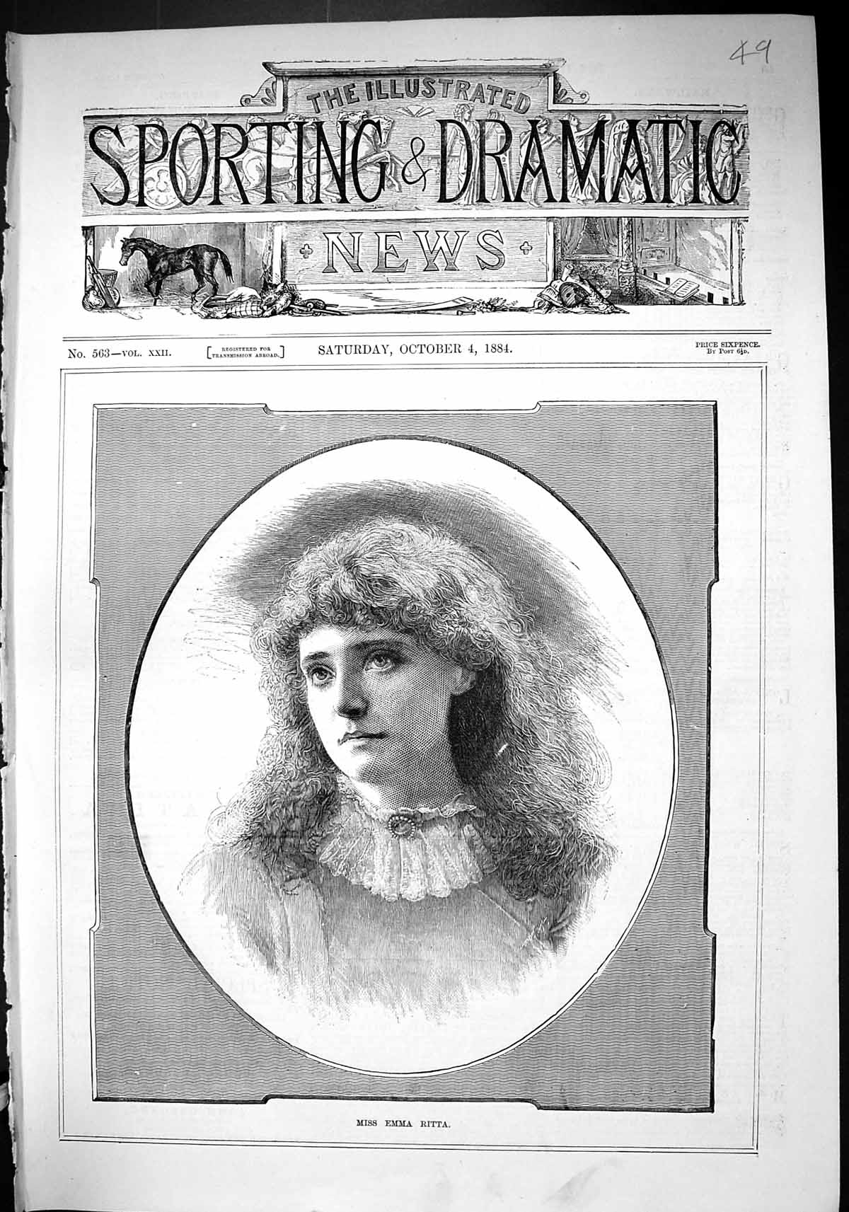 Original Old Antique Print 1884 Portrait Miss Emma Ritta Beautiful Woman 19th