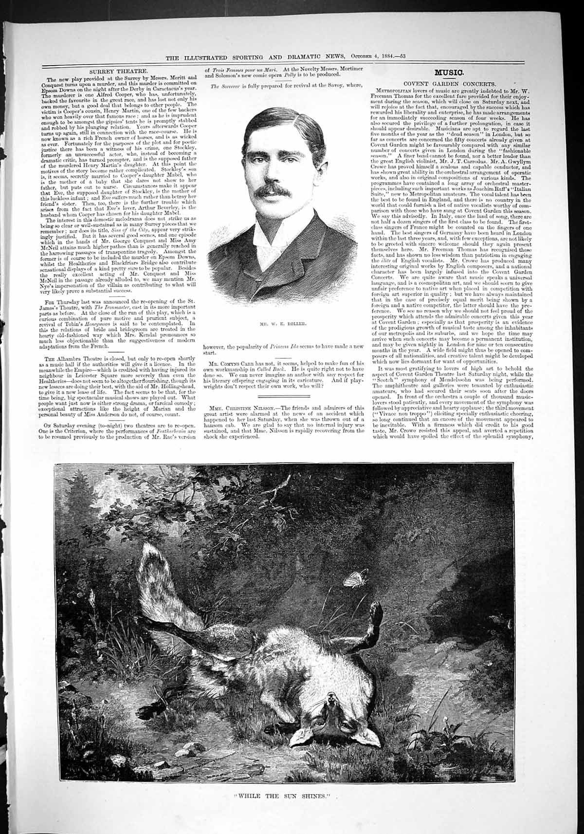 Antique Old Print 1884 Portrait Roller Fox Playing Sunshine Butterfly Nature