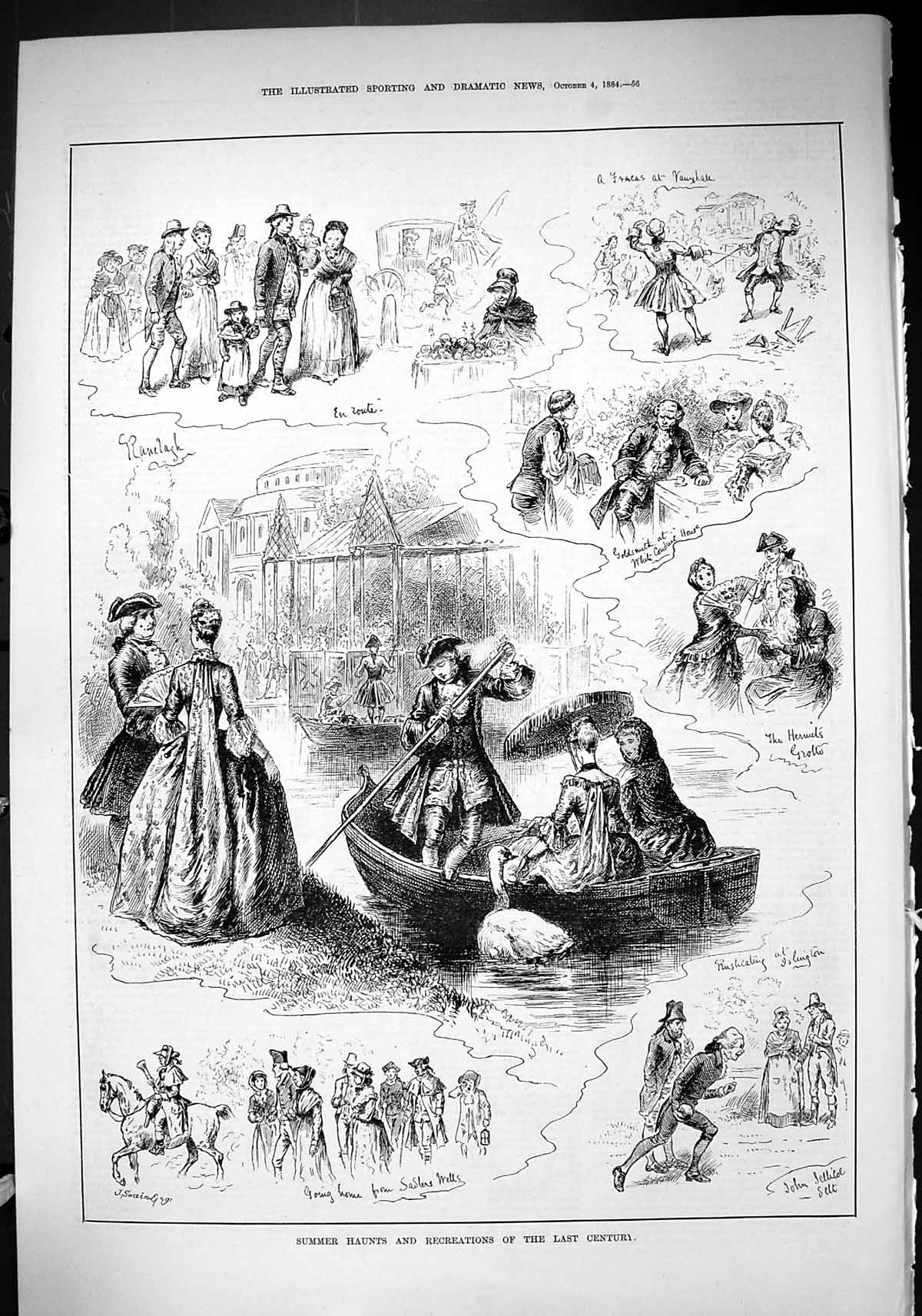 Old Print 1884 Summer Haunts Recreations River Boat Islington Gsmith Con 19th