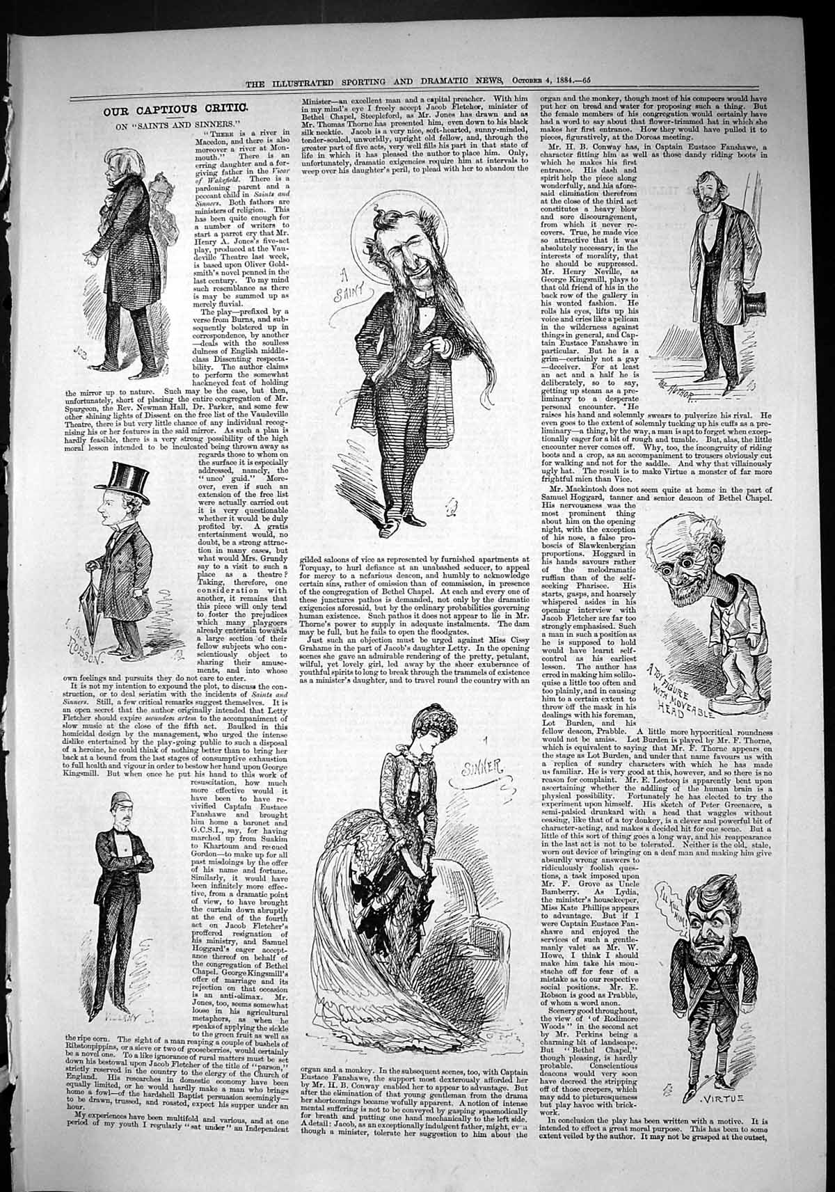 Original Old Antique Print 1884 Captious Critic Siants Sinners Robson Actors