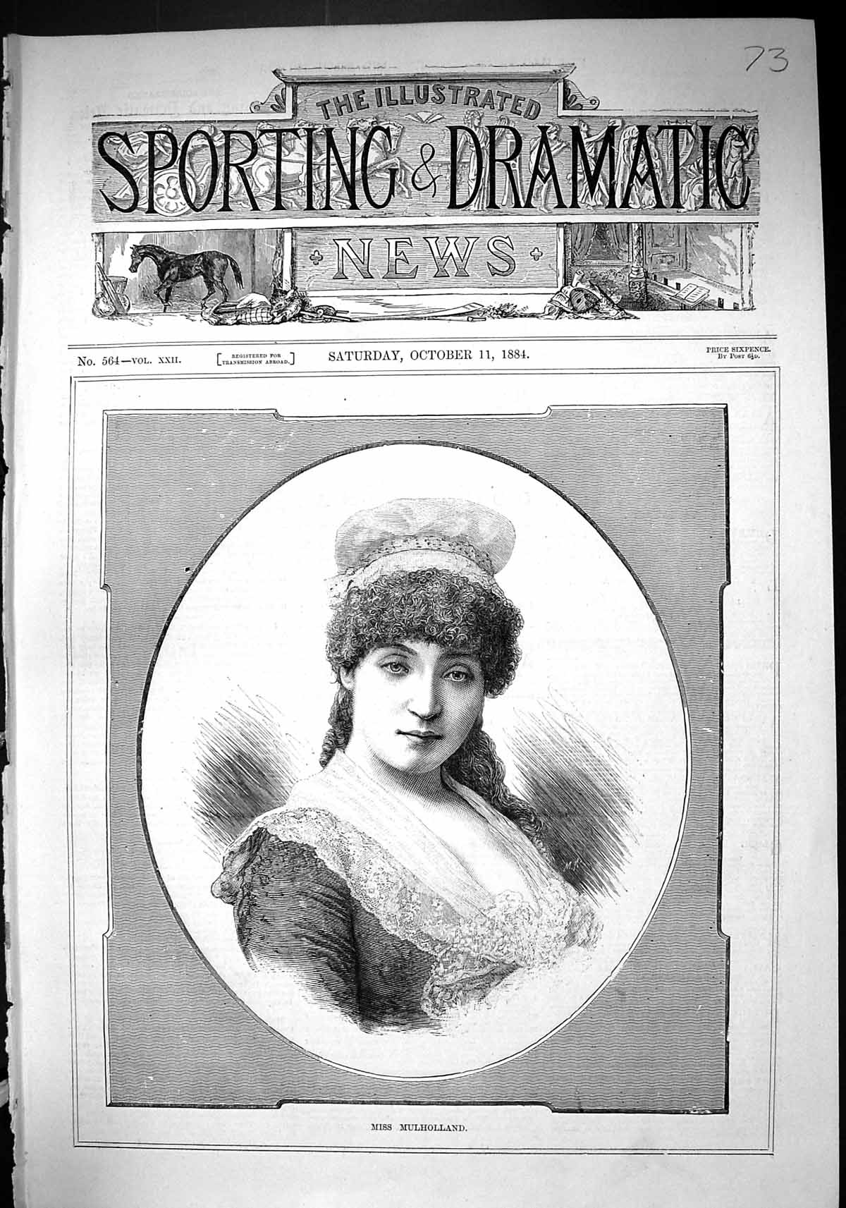 Original Old Antique Print 1884 Portrait Miss Mulholland Beautiful Woman 19th