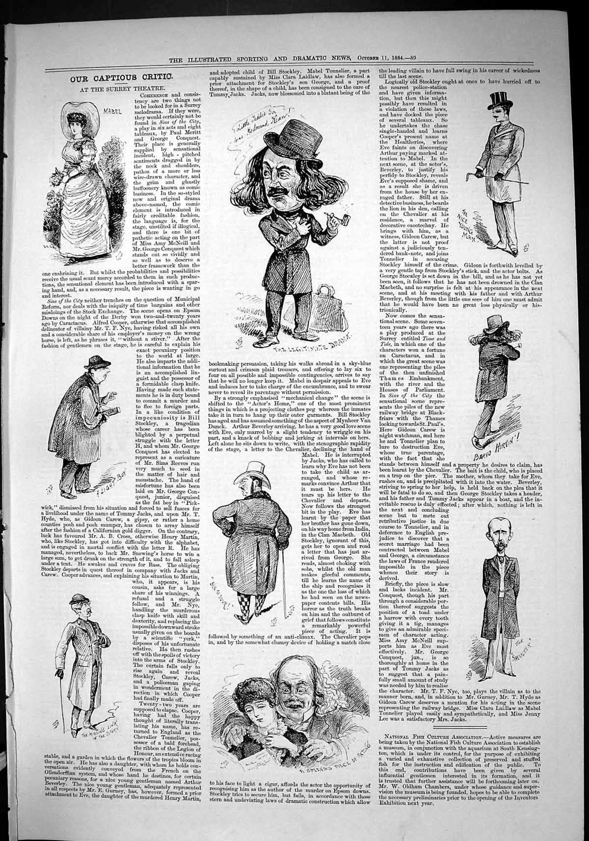 Original Old Antique Print 1884 Captious Critic Surrey Theatre Mabel Actors