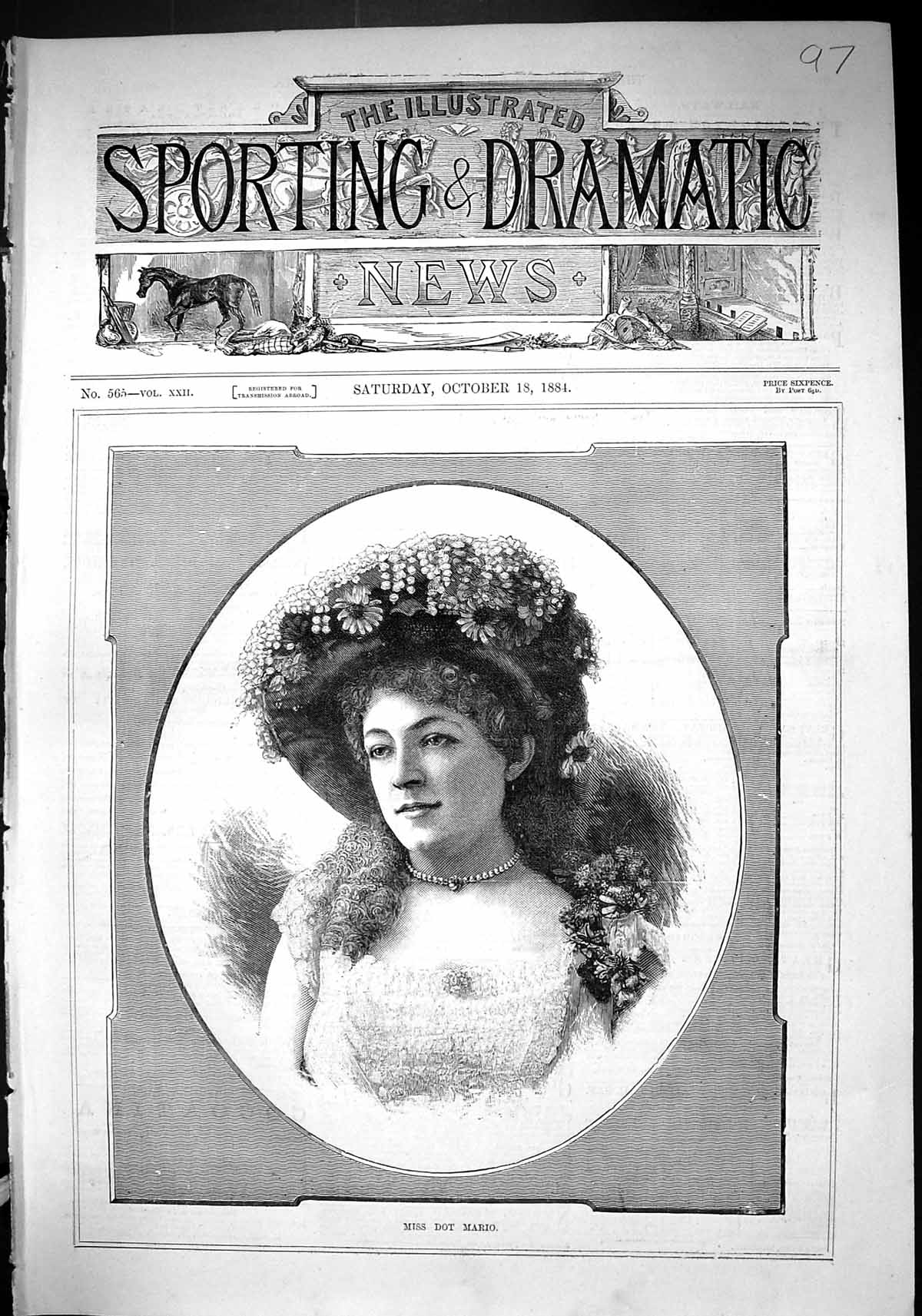 Original Old Antique Print 1884 Portrait Miss Dot Mario Beautiful Woman 19th