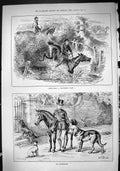 Old Print 1884 Hunting Horses Jumping Fence Hounds Dogs Sport Swain Dadd 19th