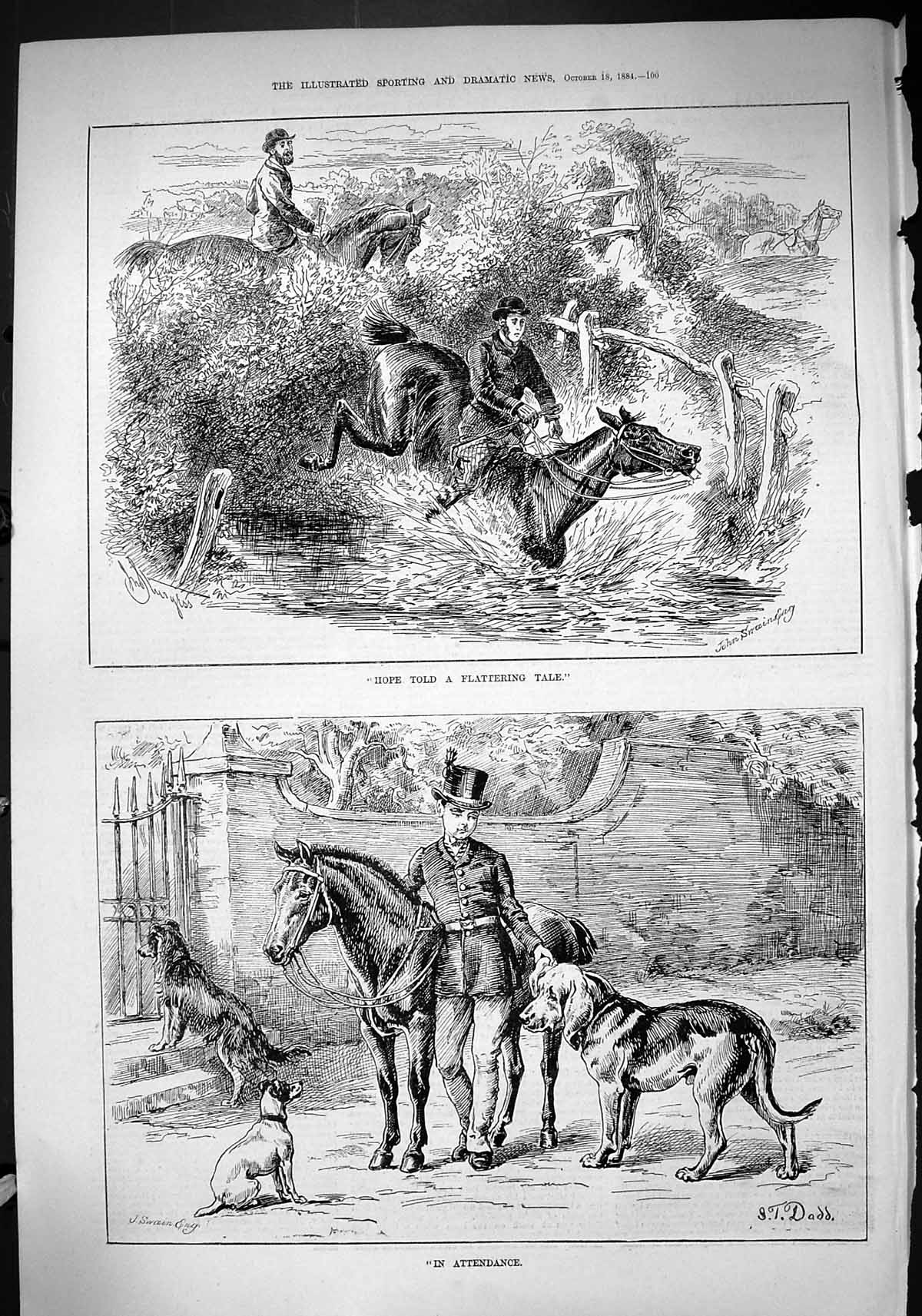 Old Print 1884 Hunting Horses Jumping Fence Hounds Dogs Sport Swain Dadd 19th