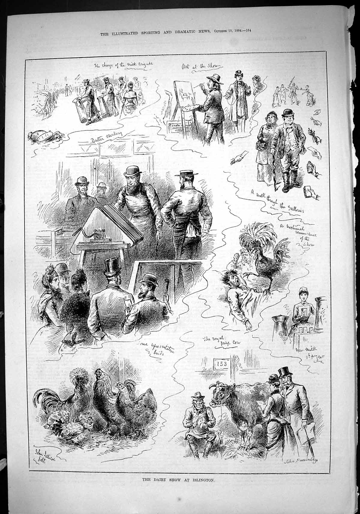 Antique Old Print 1884 Dairy Show Islington Cattle Chickens Animals Cow Swain