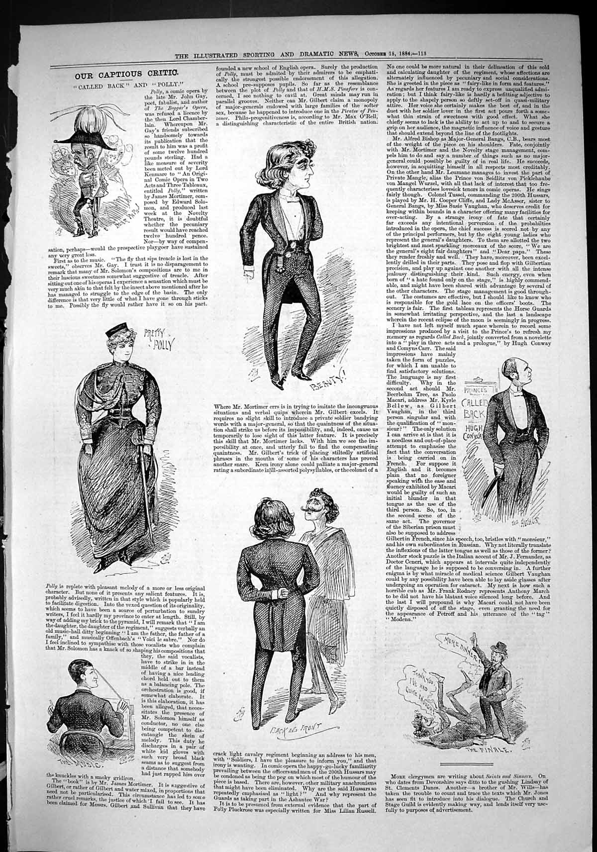 Original Old Antique Print 1884 Captious Critic Called Back Polly Theatre 19th