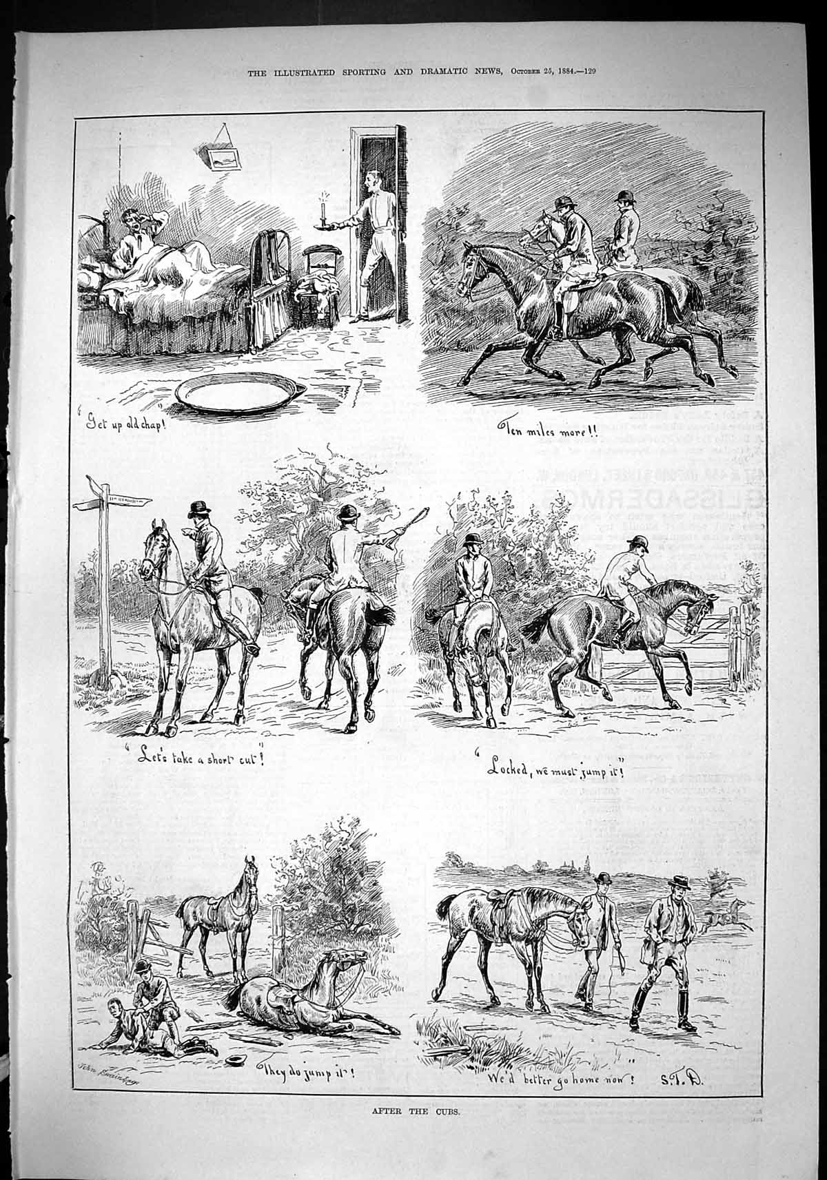 Original Old Antique Print 1884 Fox Cub Hunting Horses Sport Broken Gate 19th