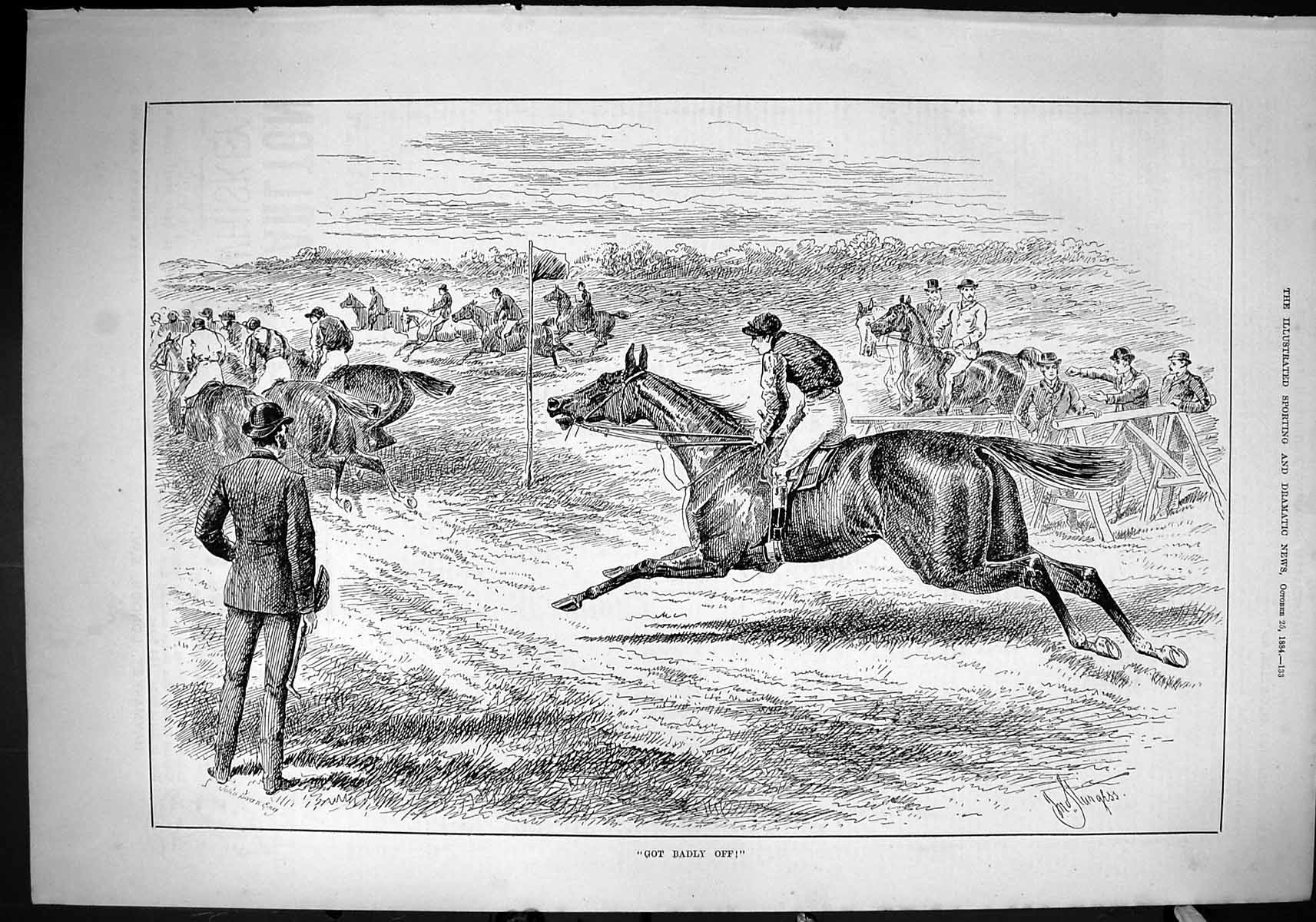 Original Old Antique Print 1884 Horse Racing Jockeys Sport Trainers Victorian