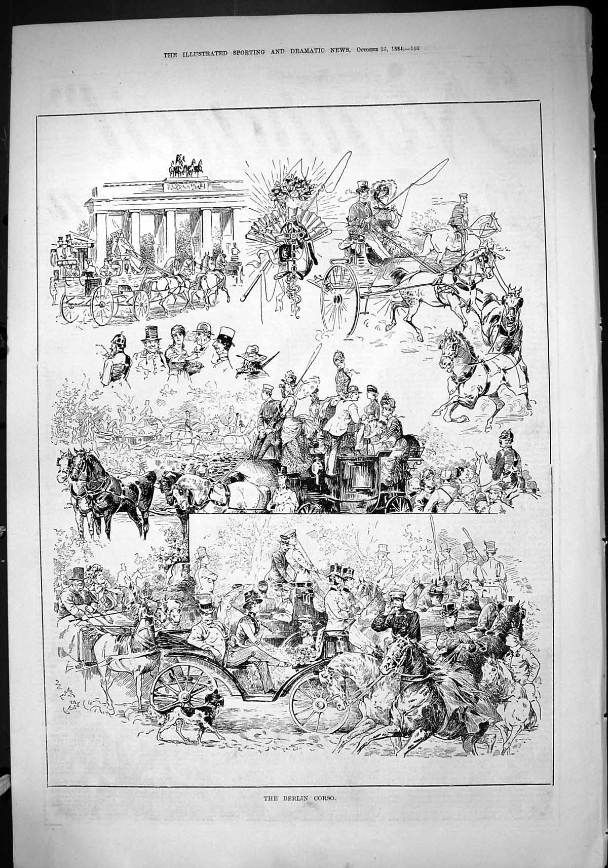 Original Old Antique Print 1884 Berlin Corso Horses Carriage Transport 19th